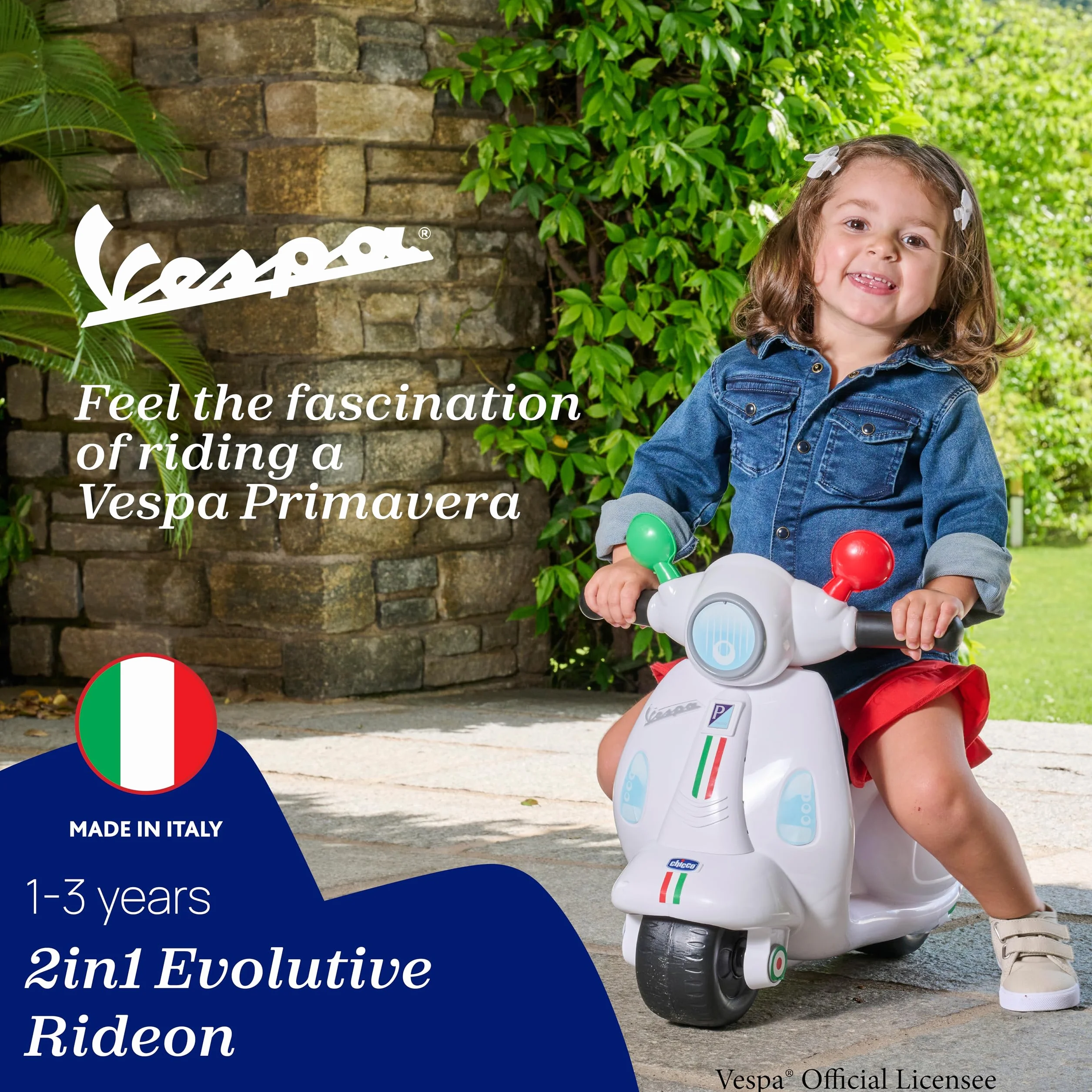 Chicco Vespa per Bambini Primavera Bianca, Moto Giocattolo Cavalcabile con Pannello Elettronico, Luci e Suoni, Ruote di Supporto Rimuovibili, Max 25 Kg, Giochi per Bambini 1-3 Anni