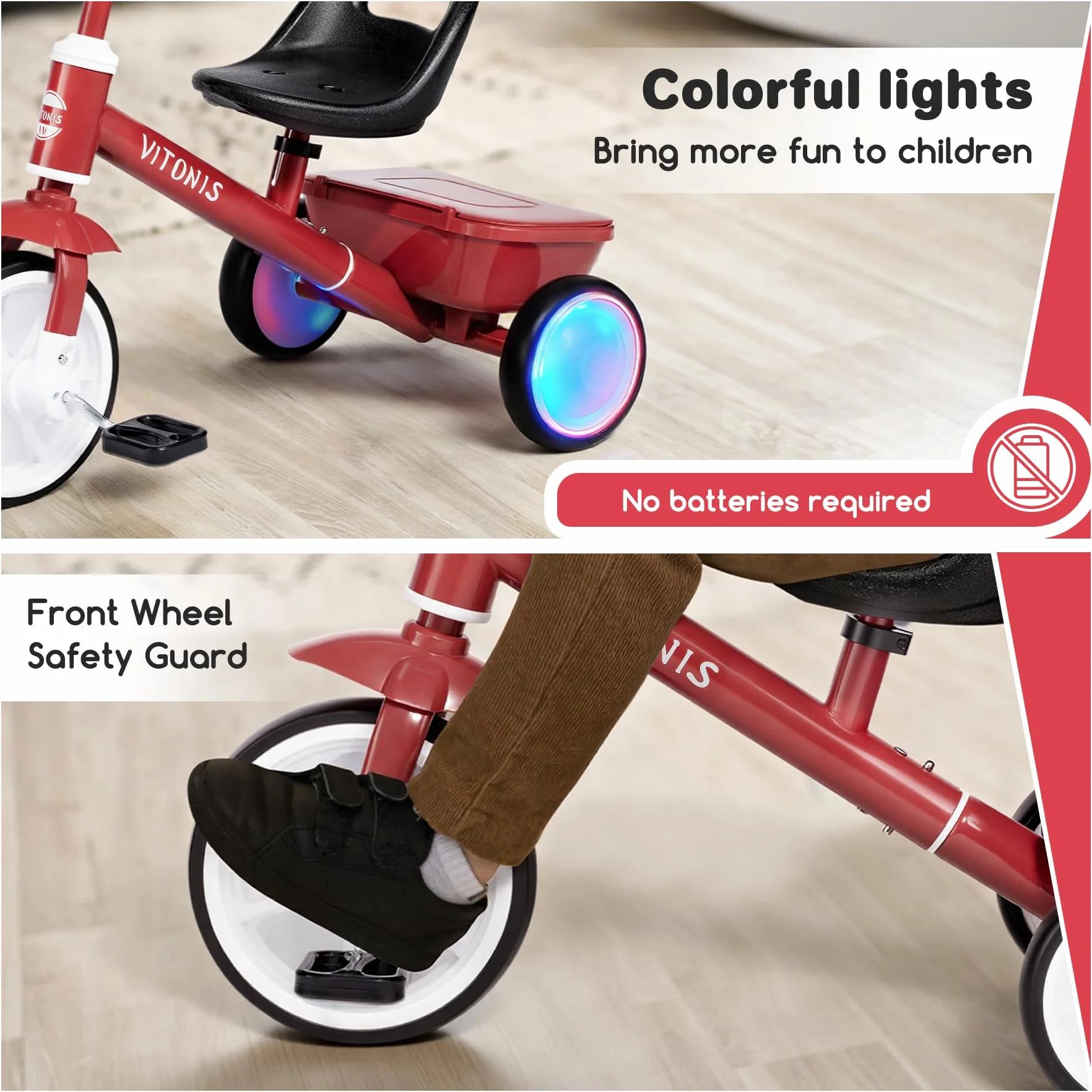 VITONIS Triciclo per bambini dai 2 anni in su, bicicletta senza pedali per bambini dai 24 mesi ai 5 anni, con due ruote illuminate a LED, regali e giocattoli per bambini e bambine, rosso