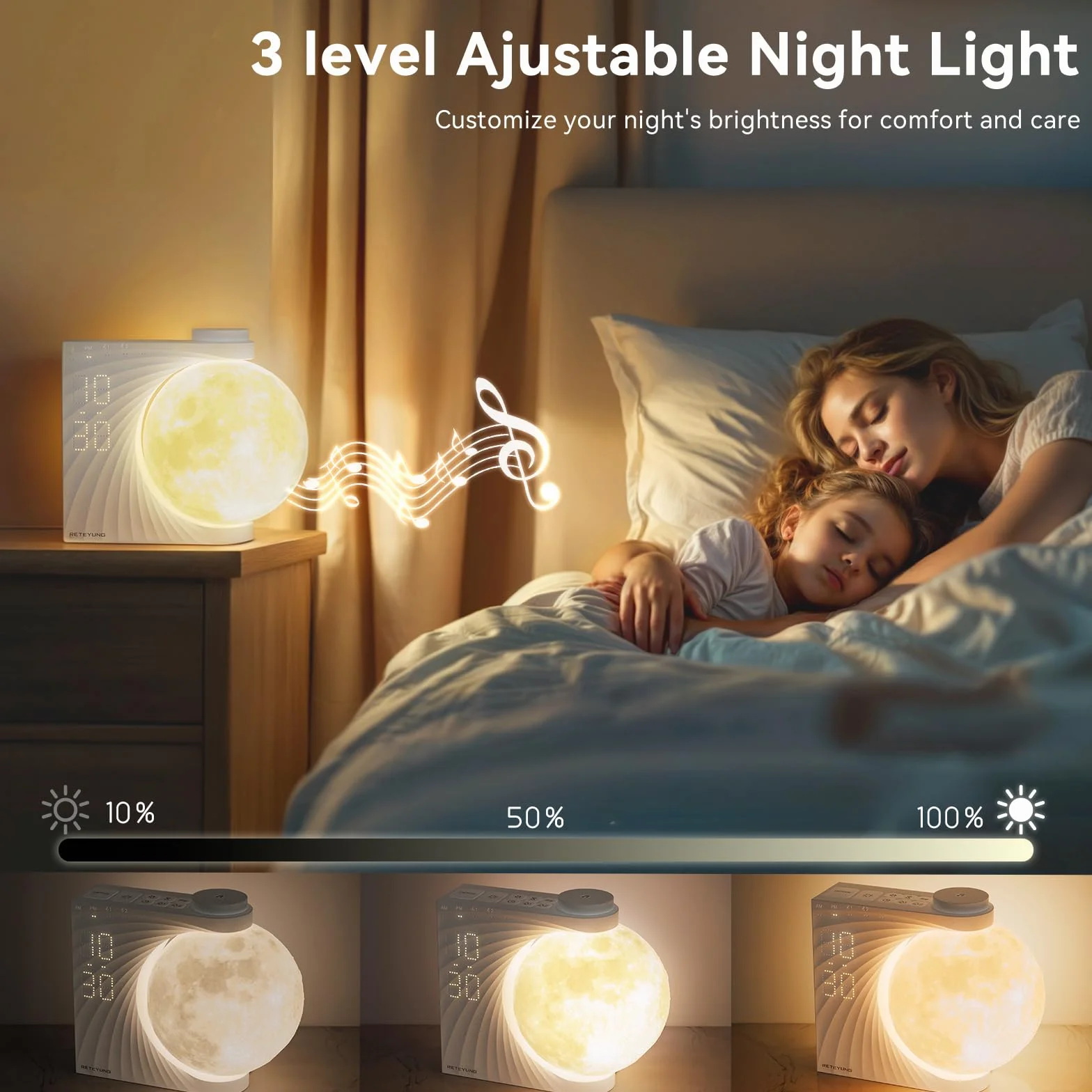RETEYUNG Lampada Luna con Luce,2 Sveglie, Lunare RGB 8 Colori, Suoni Naturali, Wake Up Light, Lampada da Comodino a 3 Livelli di Luminosità Luce Notturna per Donne Ragazze Ragazzi (Rotazione manuale)