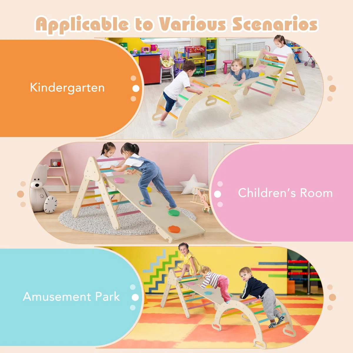 Fantask Struttura da arrampicata 4 in 1 legno con scivolo triangolo arco altalene per bambini 1 anno