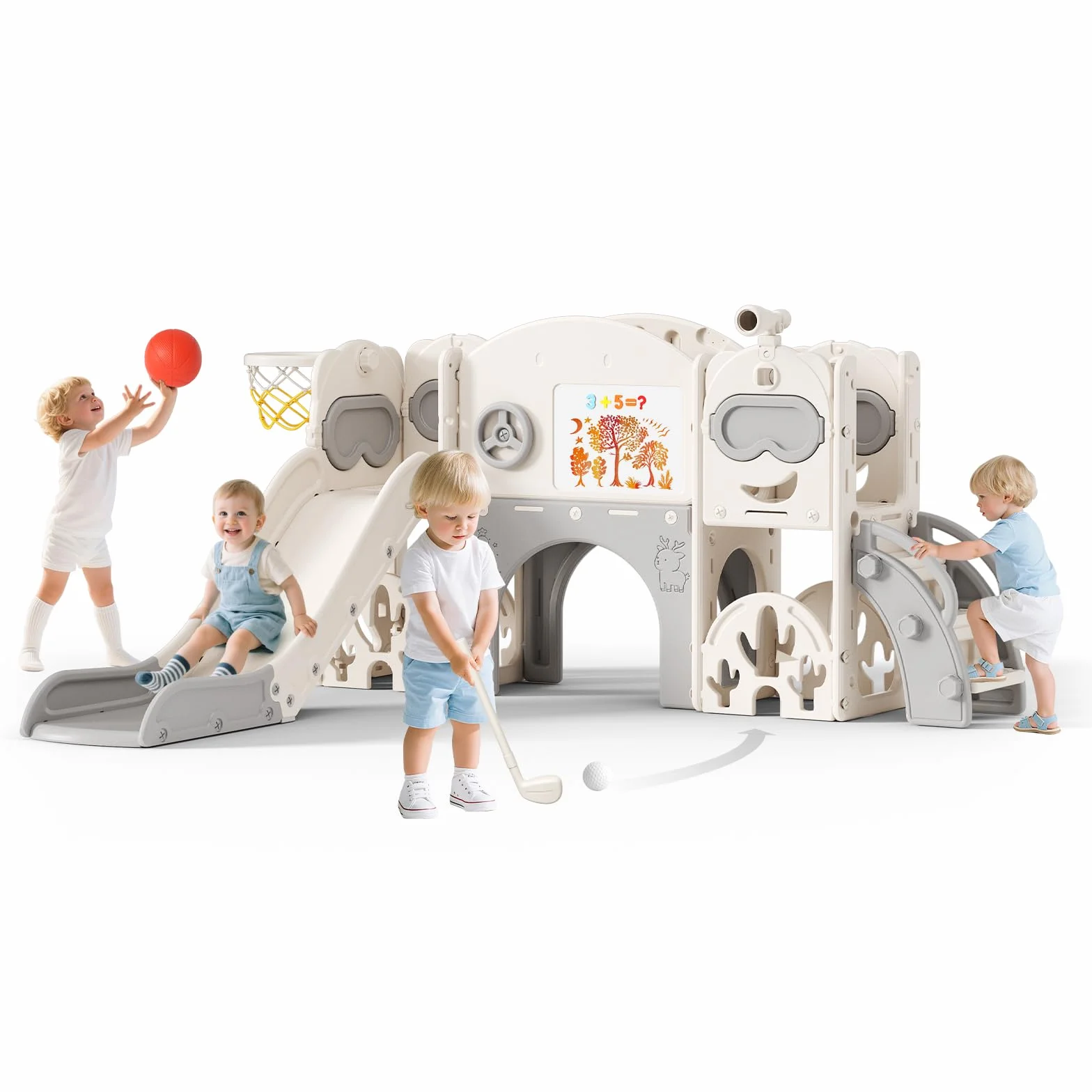 Scivolo per bambini 11 in 1, scivolo per bambini da interno ed esterno con canestro da grande con cestino da basket, telaio da arrampicata per giardino, spazio di archiviazione