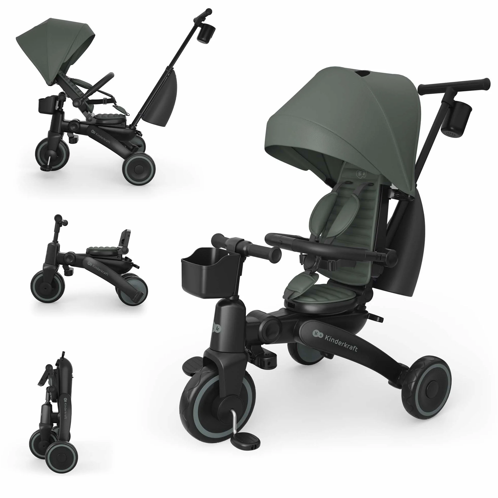 Kinderkraft JAZZ 3 triciclo pieghevole 9 mesi-25 kg, seduta 360°, semi-reclinabile fronte/retro, capotta UPF 50+ impermeabile, ruota libera, chiusura compatta, Verde