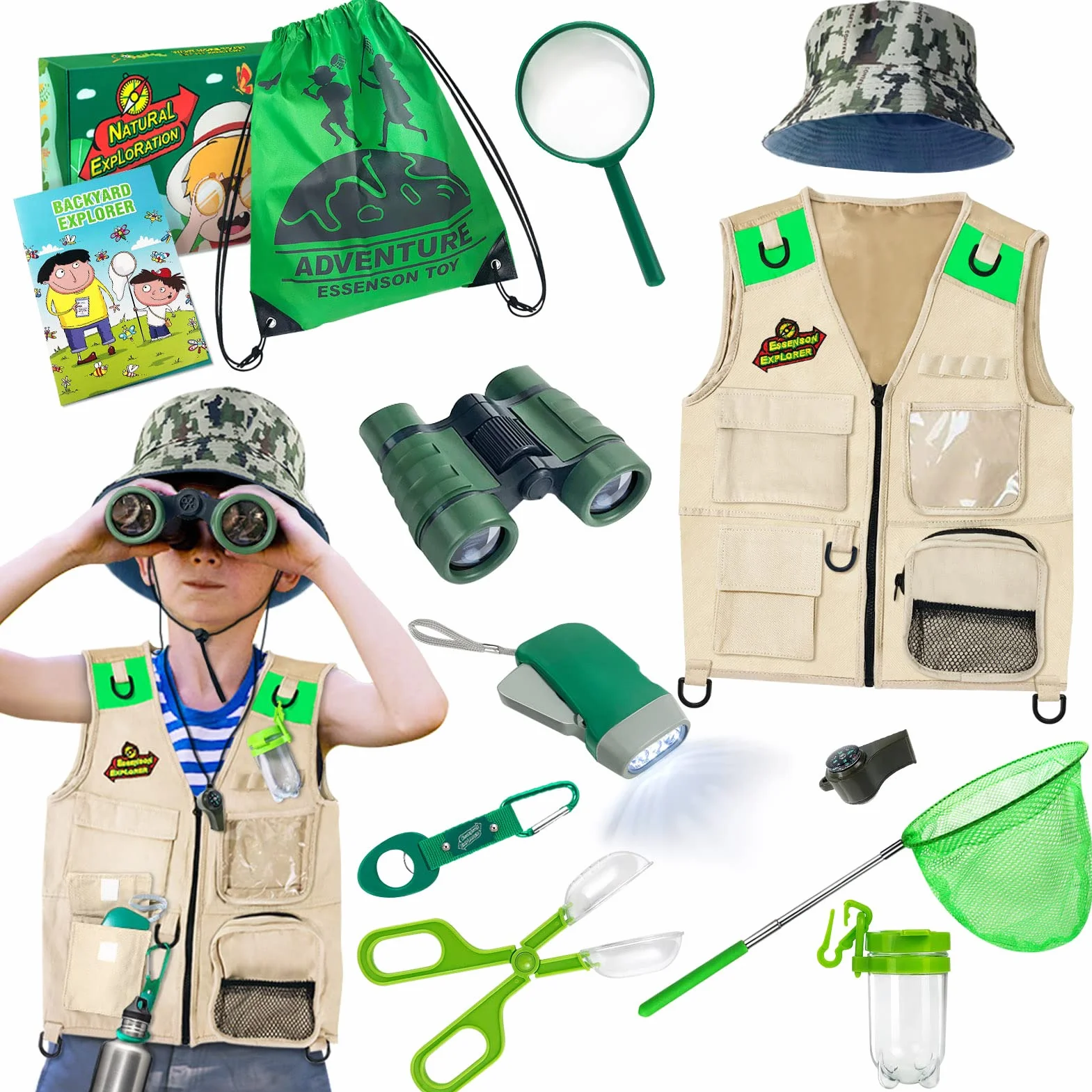 ESSENSON Kit Esploratore all'aperto - Set Cattura Insetti con Gilet, binocolo, Torcia elettrica, Regalo di Compleanno del Giocattolo di Avventura di Campeggio per Ragazzi e Ragazze di età 3-12 Anni