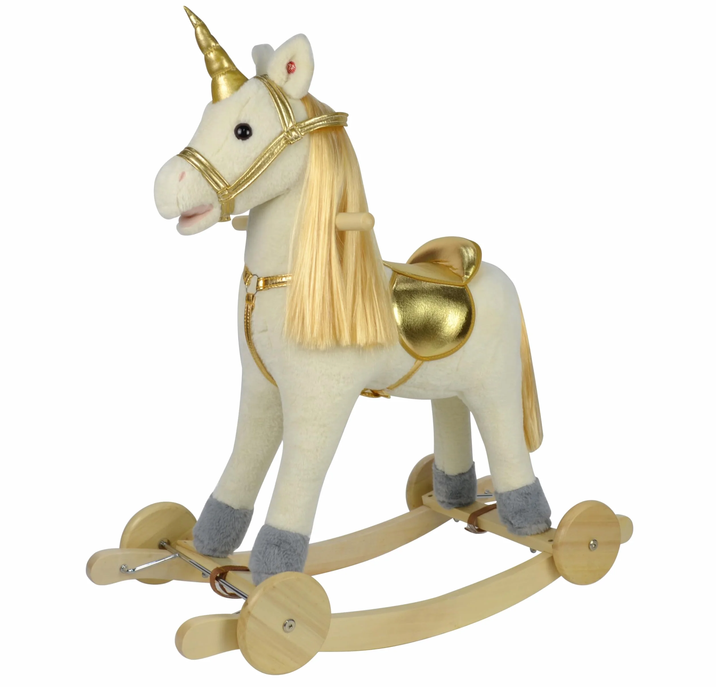 Cavallo a Dondolo per Bambini 36-72 Mesi Unicorno a Dondolo Cavalcabile in Legno e Peluche con Rotelle Suoni e Movimenti Realistici 74x30x62 cm (Bianco e Oro)