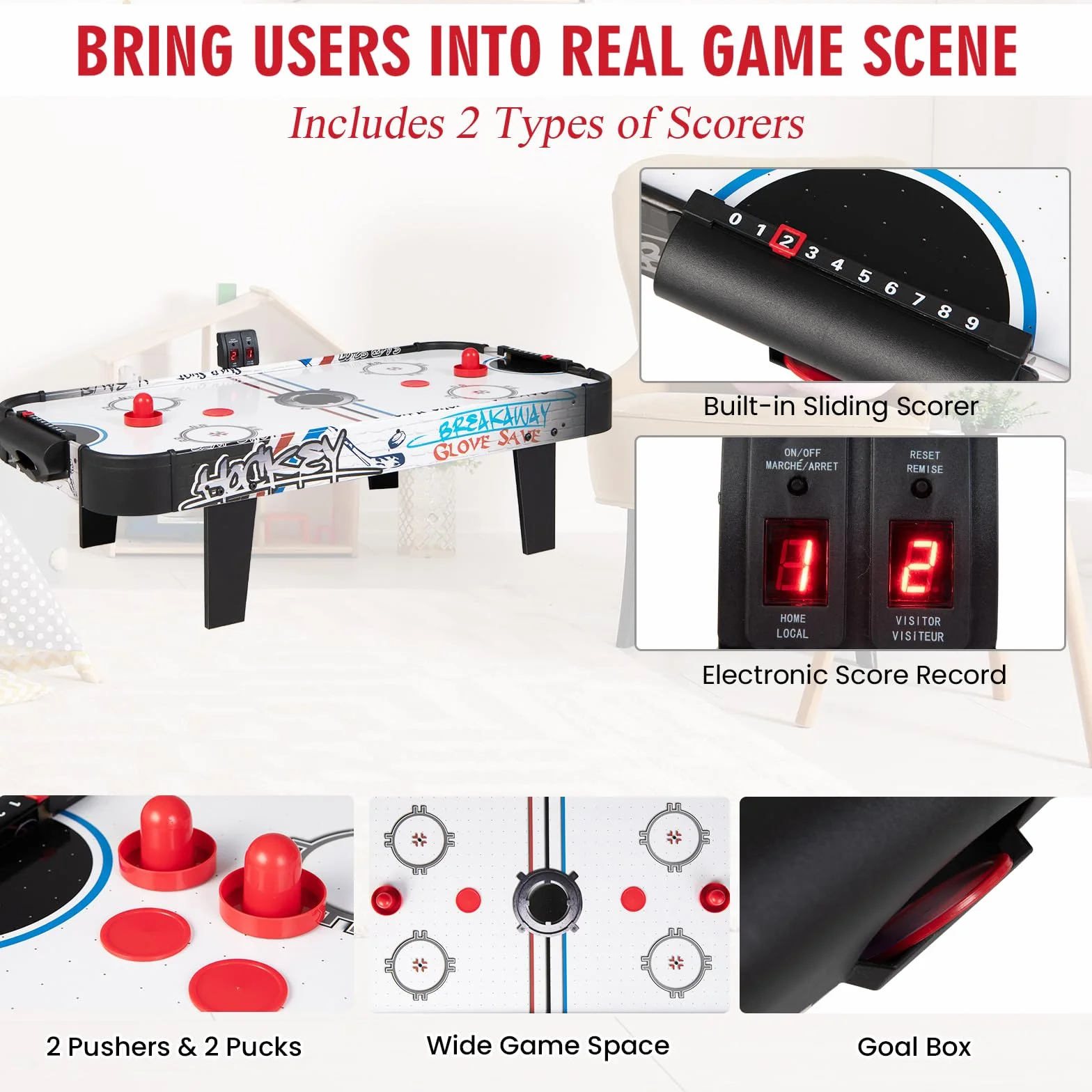 HOMASIS Mini Air Hockey da Tavolo, Hockey da Tavolo ad Aria con Segnapunti LED Elettronico, Giocattolo con 2 Dischi, 2 Impugnature e 2 Bersagli per Bambini e Adulti, 107x56x30cm (DW10020IT-HS)