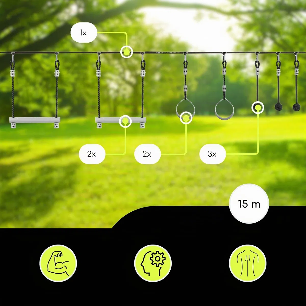 HyperMotion Percorso Ostacoli Bambini Ninja 7 Elementi Set Slackline 15m Aste Ruote Pugni di Scimmia Kit Allenamento Giardino Arrampicata Equilibrio Portata 113 kg