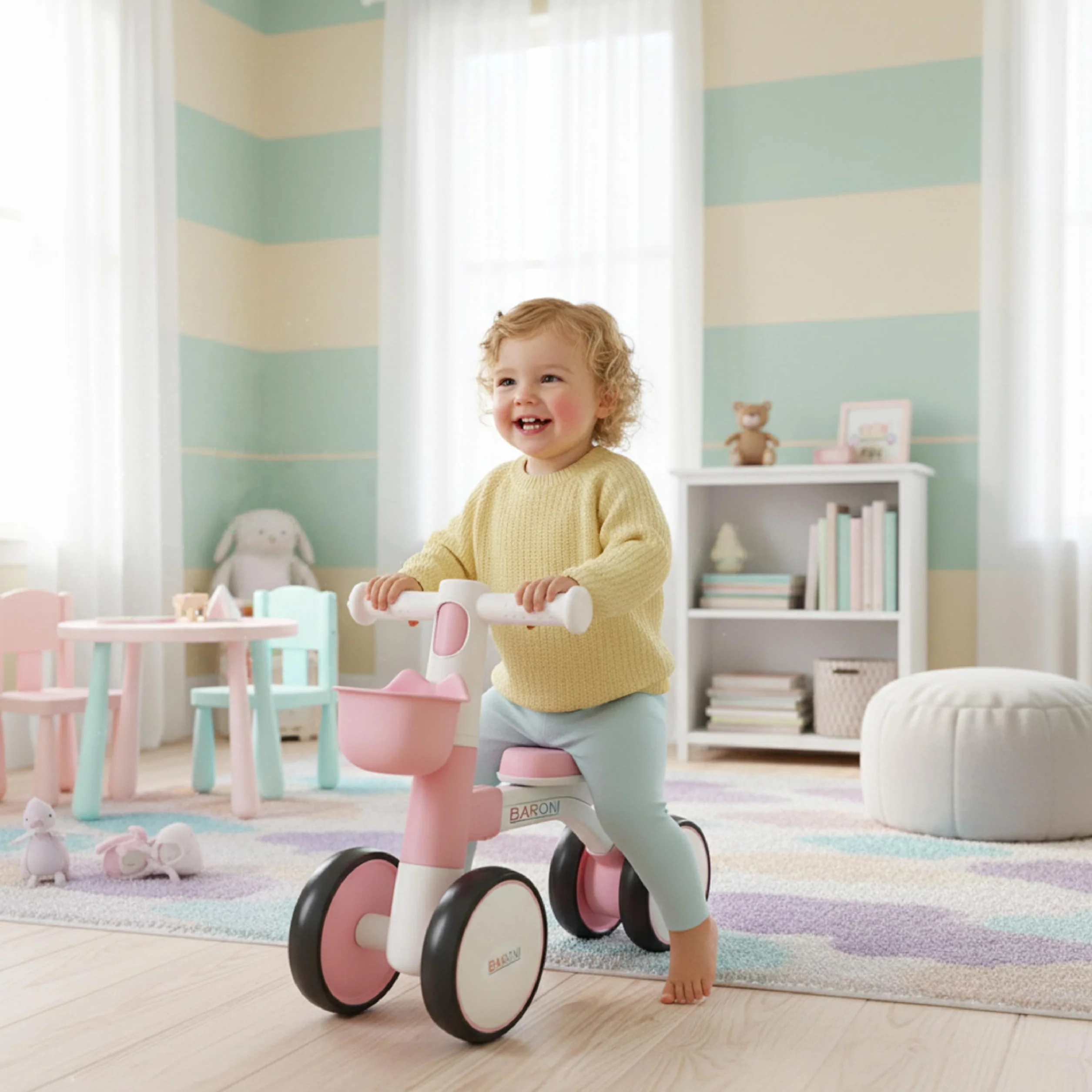 Baroni Toys Bici Senza Pedali Rosa a 4 Ruote per Bambini dai 3 Anni, Primi Passi con Luci e Suoni, Cestino Portaoggetti, Balanced Bike, Ideale per Sviluppo Motorio e Coordinazione, 55x22x42cm