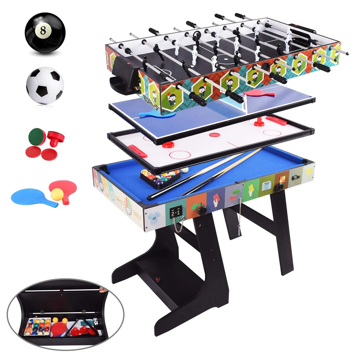 OYE Gioco da tavolo pieghevole multiradio 4FT – Calcio balilla (calciatore da tavolo)/ping-pon/hockey/tavolo da biliardo, MDF, 124 x 82 x 61 cm