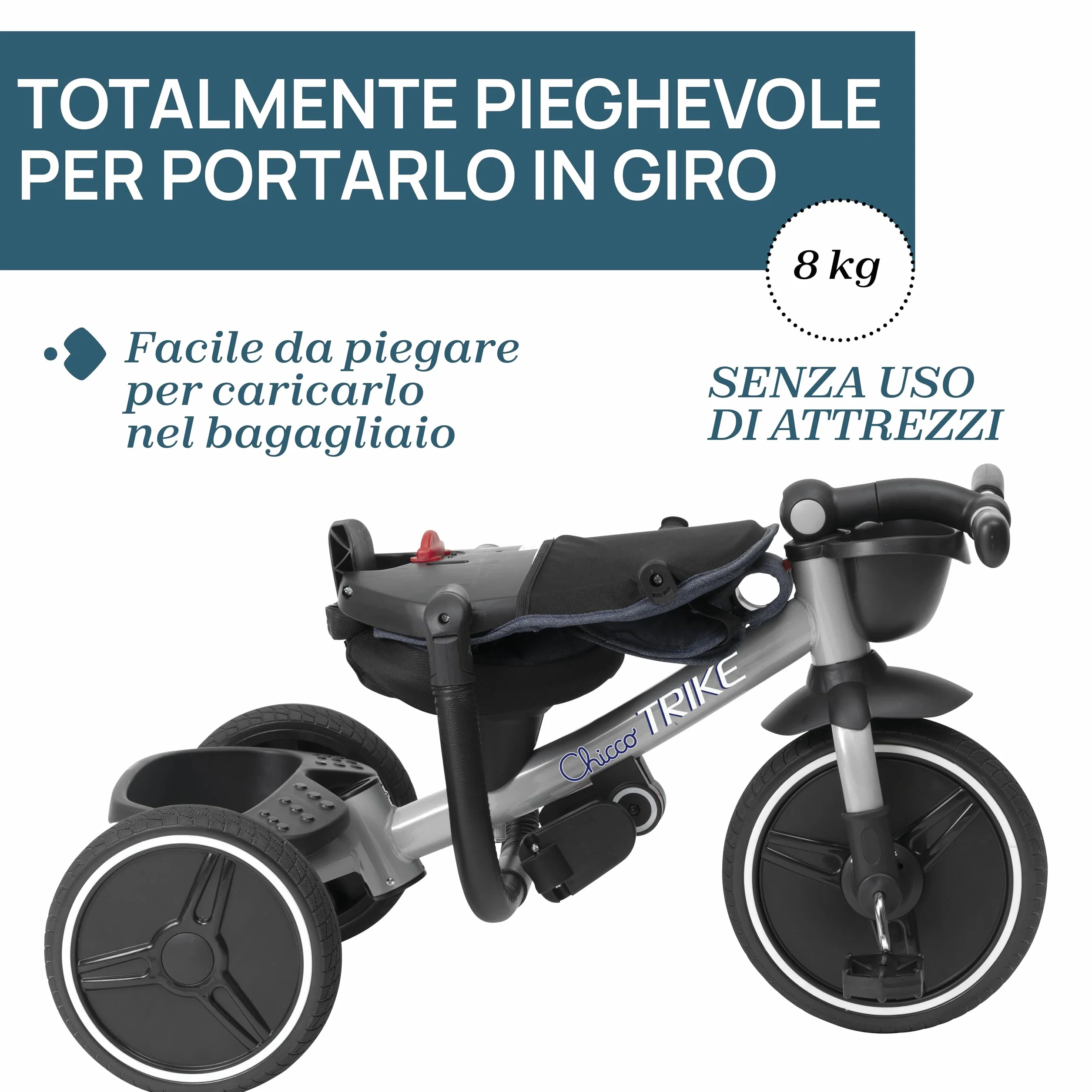 Chicco Triciclo 4in1 Evolutivo 6 Mesi-4 Anni, Ruote Gomma EVA, Maniglia Telescopica, Freno