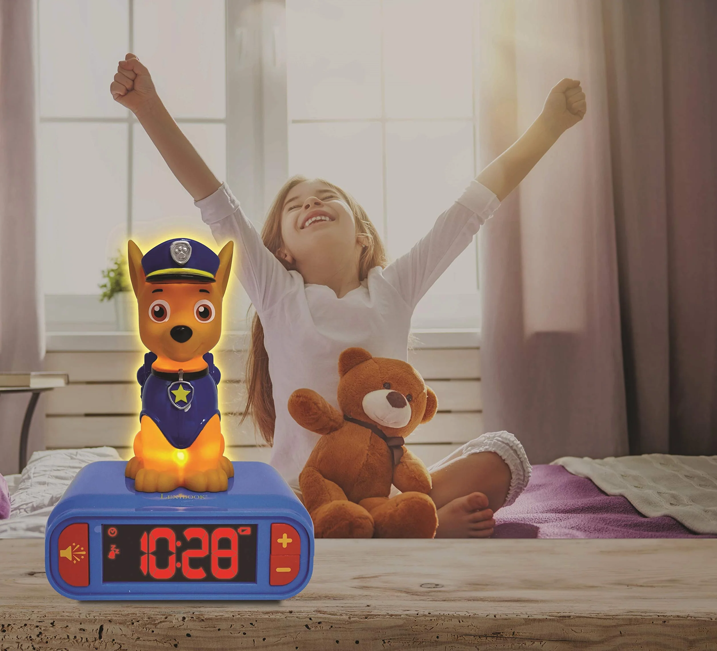 Lexibook - La Squadra dei Cuccioli Sveglia Digitale con Luce Notturna Snooze e Suoni, Orologio, Chase Luminoso Paw Patrol Marshall Cane - Blu/Rosso - RL800PALXB