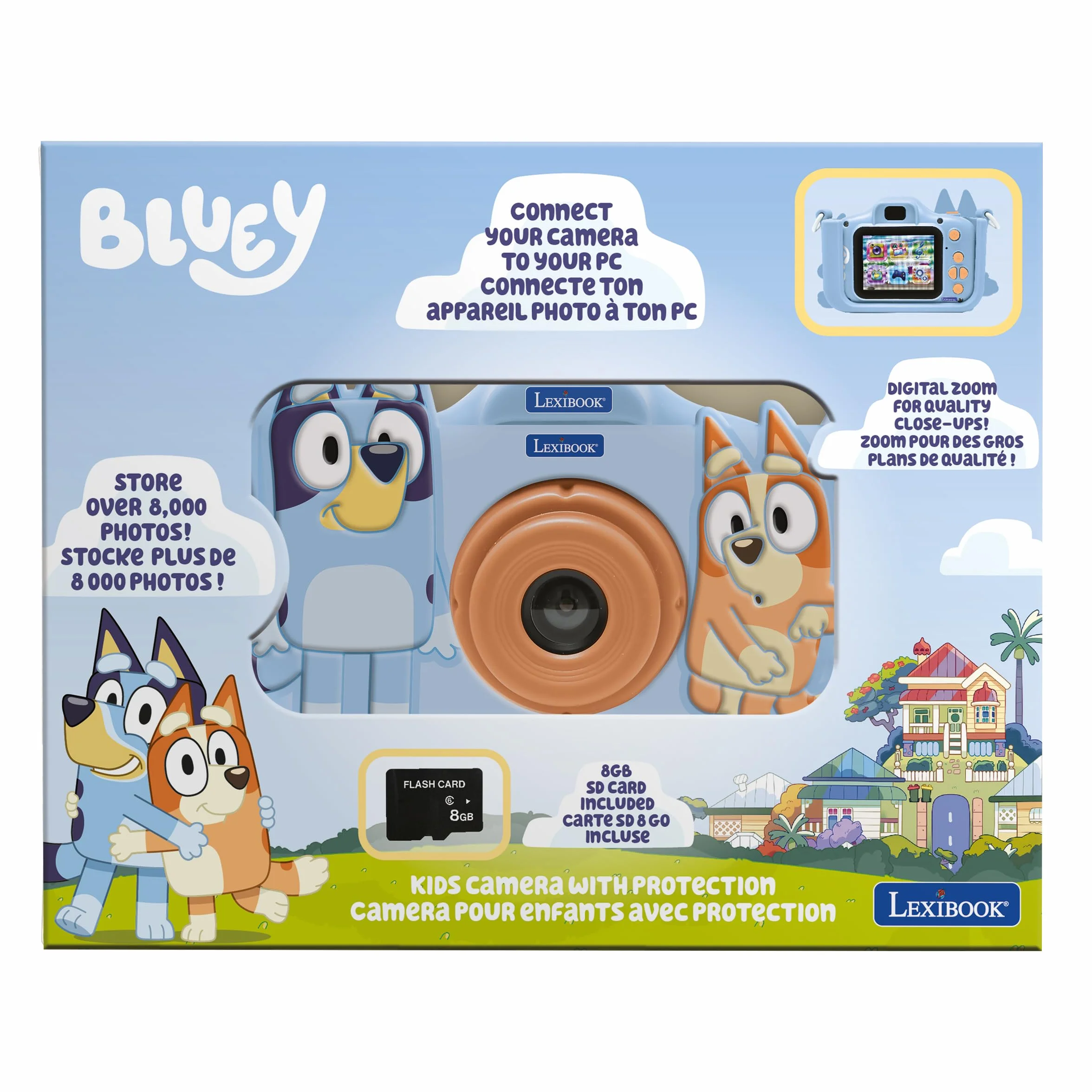 Lexibook Bluey, fotocamera 4-in-1 per bambini con protezione, funzioni foto, video, MP3 e giochi, 15 cornici per personalizzare le tue foto, include scheda di memoria da 8 GB, DJ078BY