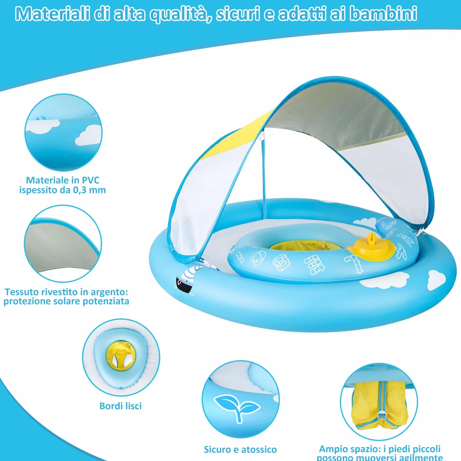 MYCARBON Salvagente Neonato 6 Mesi – 30 Mesi con Parasole Mutandina Regolabile Salvagente Bambini con Pompetta Galleggiante Ciambella per Mare Piscina