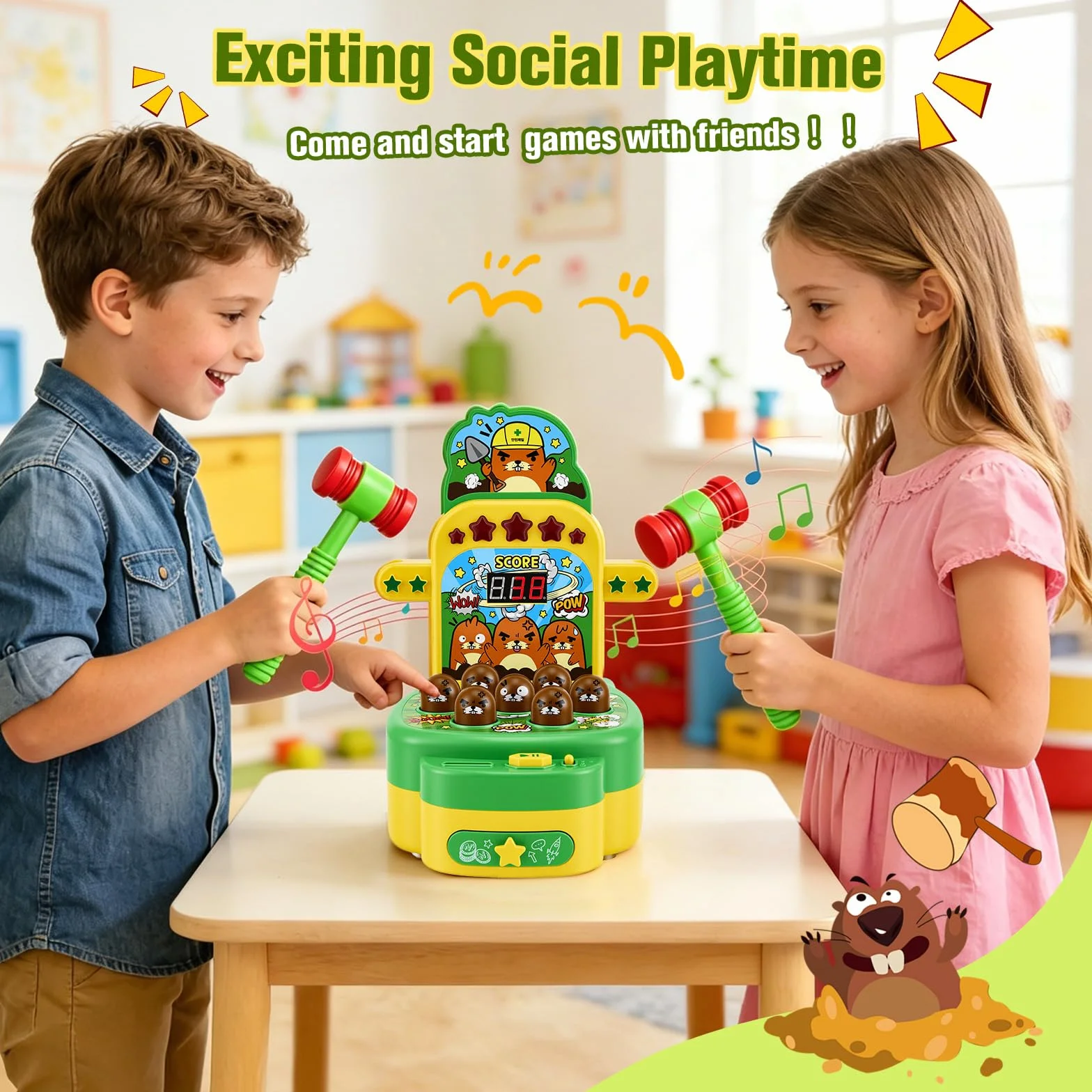 Gioco Colpisci la talpa per bambini Giocattolo musicale interattivo con 2 martelli per promuovere le capacità motorie Giocattolo educativo con luci ed effetti sonori, gioco arcade display LCD, verde