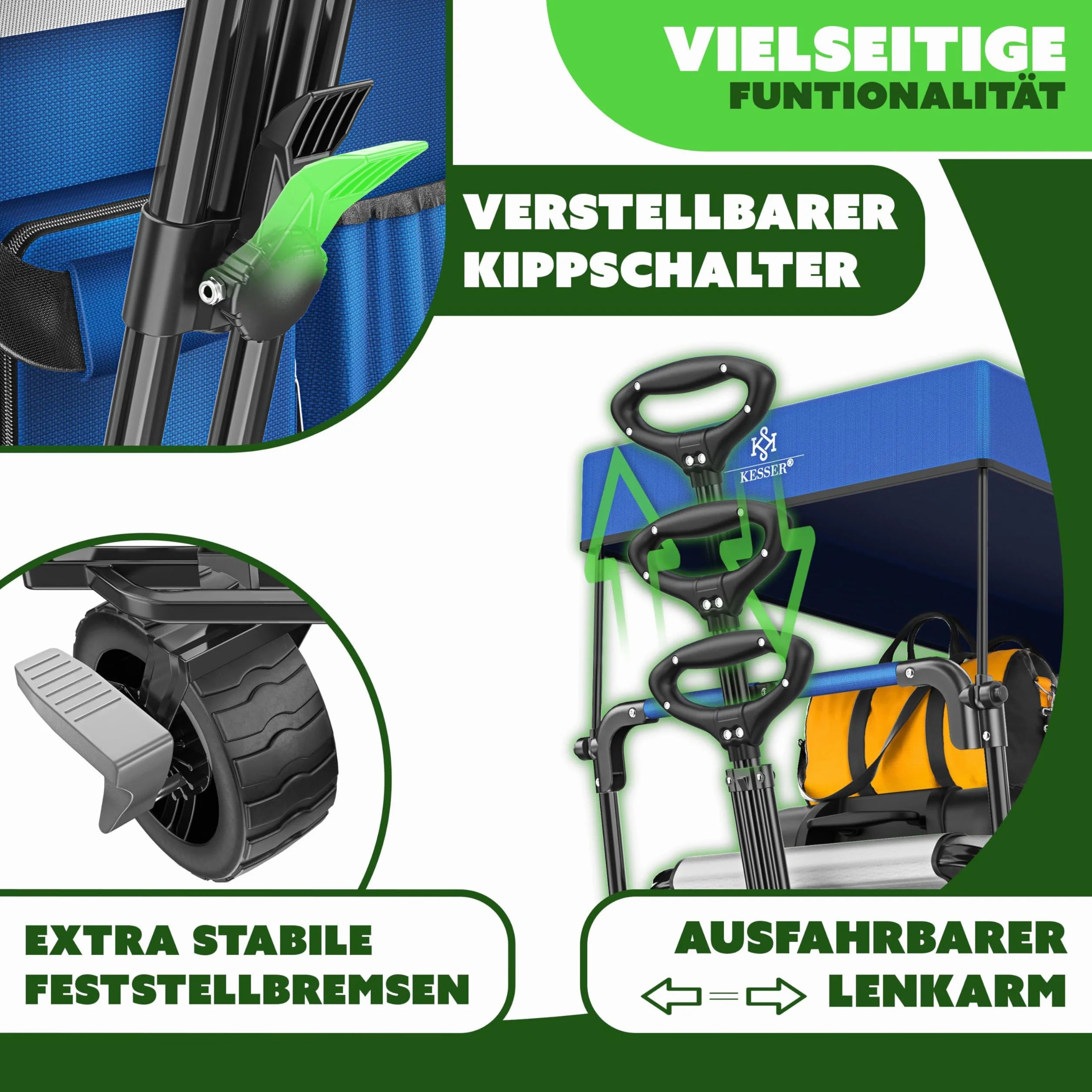 KESSER® Carrello pieghevole XXL con tettuccio GT9000, carrello pieghevole fino a 150 kg, per bambini, spiaggia, campeggio e giardino, grande carrello di trasporto con ruote in gomma rigida, freni