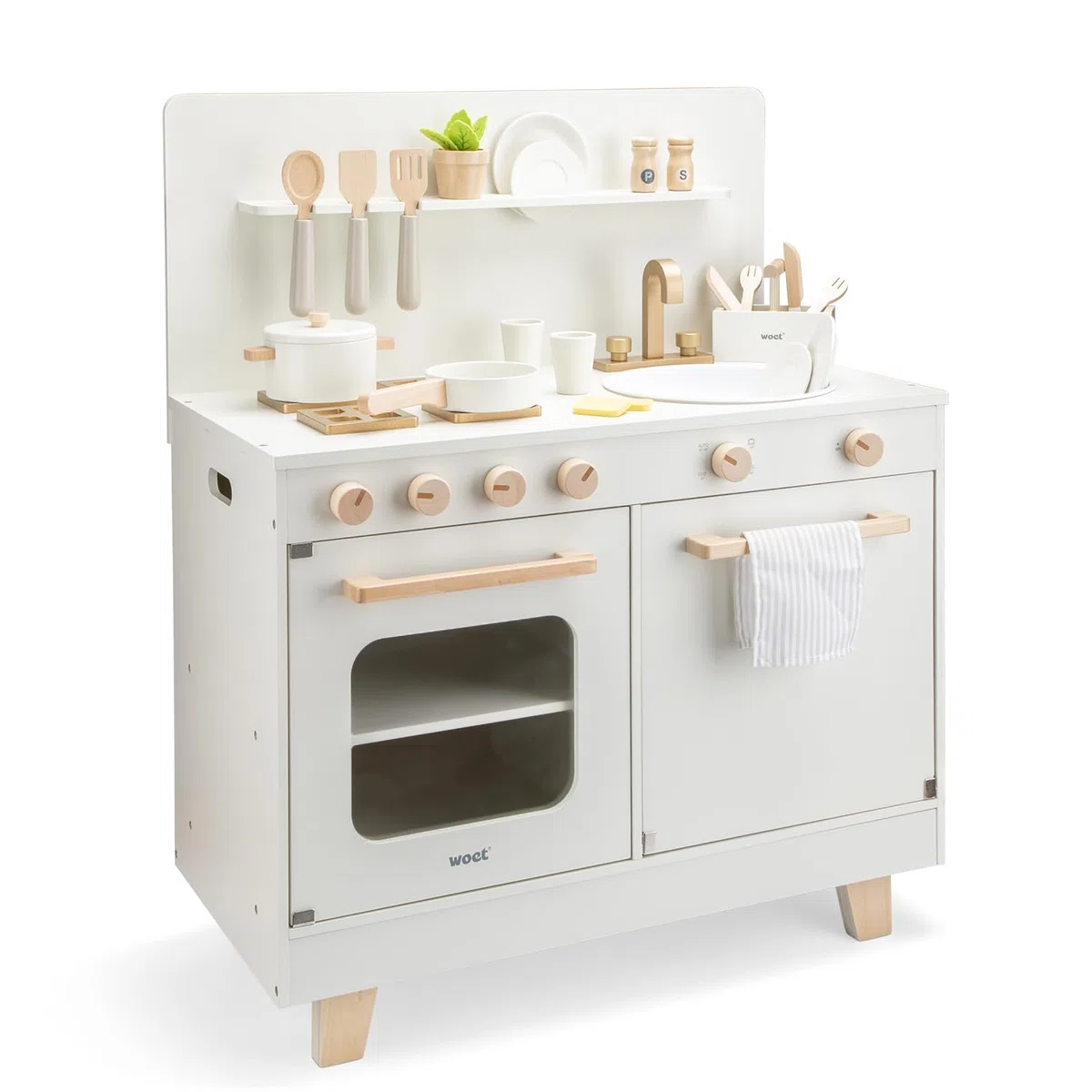 Woet® Cucina Giocattolo in Legno con Lavastoviglie per Bambini - Forno, Lavandino e 23 Accessori - Set Chef di Imitazione - Dai 3 Anni in Su