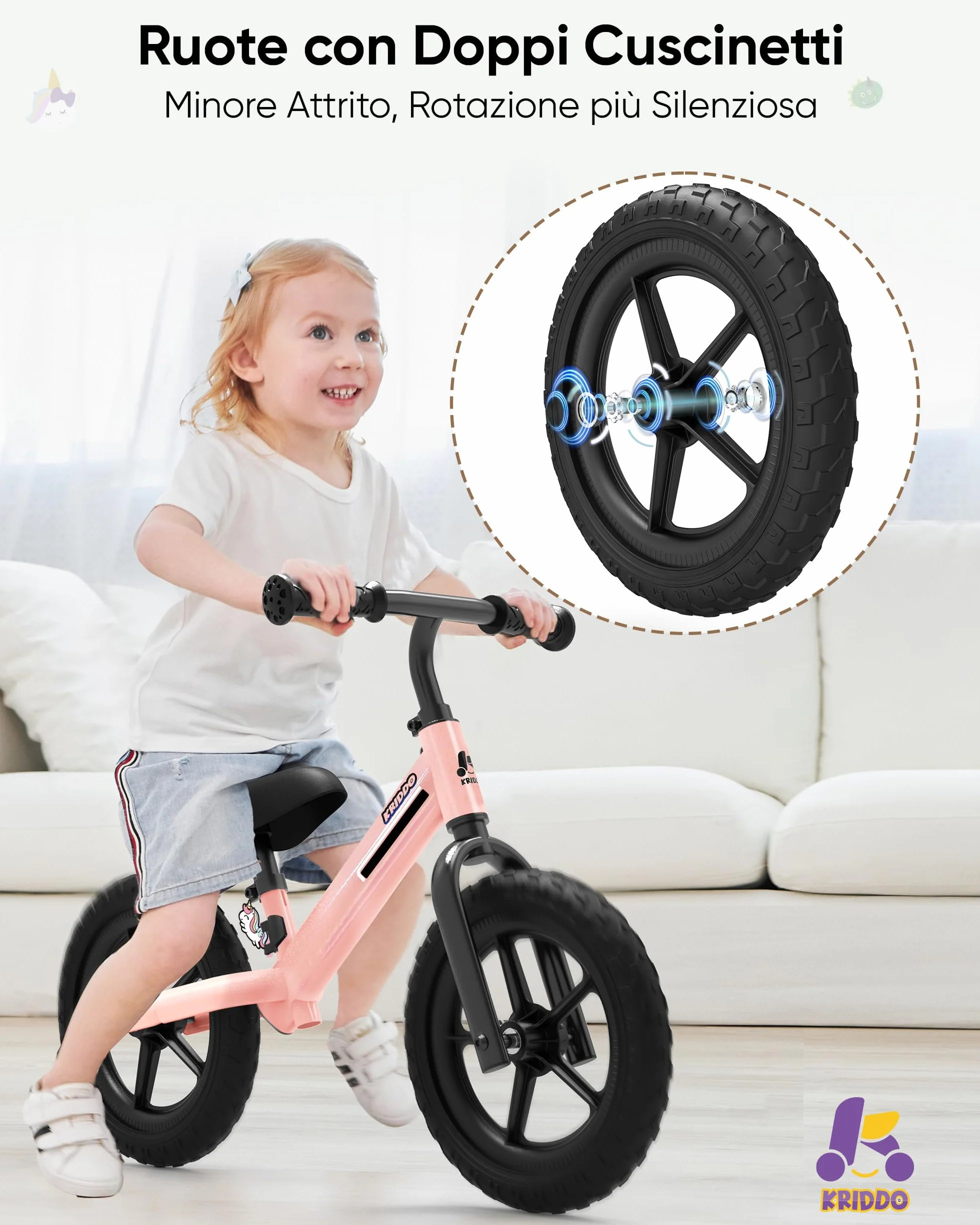 KRIDDO Bicicletta senza pedali per bambini dai 2 ai 5 anni, doppio cuscinetto per una guida più fluida, adorabile piastra, sedile e manubrio regolabili, regalo per bambini dai 2 ai 3 anni