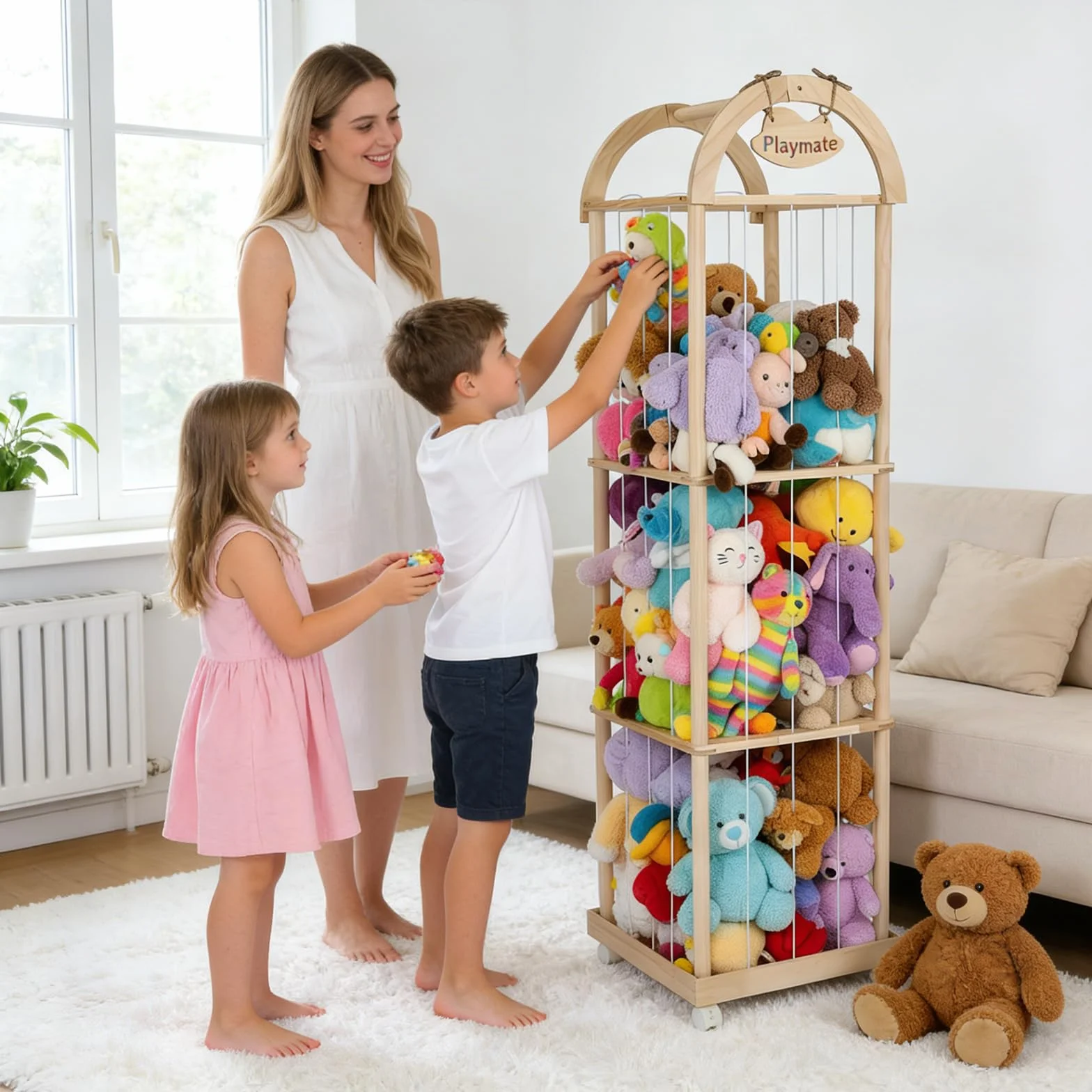 Contenitore per animali di peluche in legno, con ruote attrezzate a 360°, robusto scaffale giocattolo a 3 livelli, per soggiorno, camera da letto, mobili per cameretta dei bambini