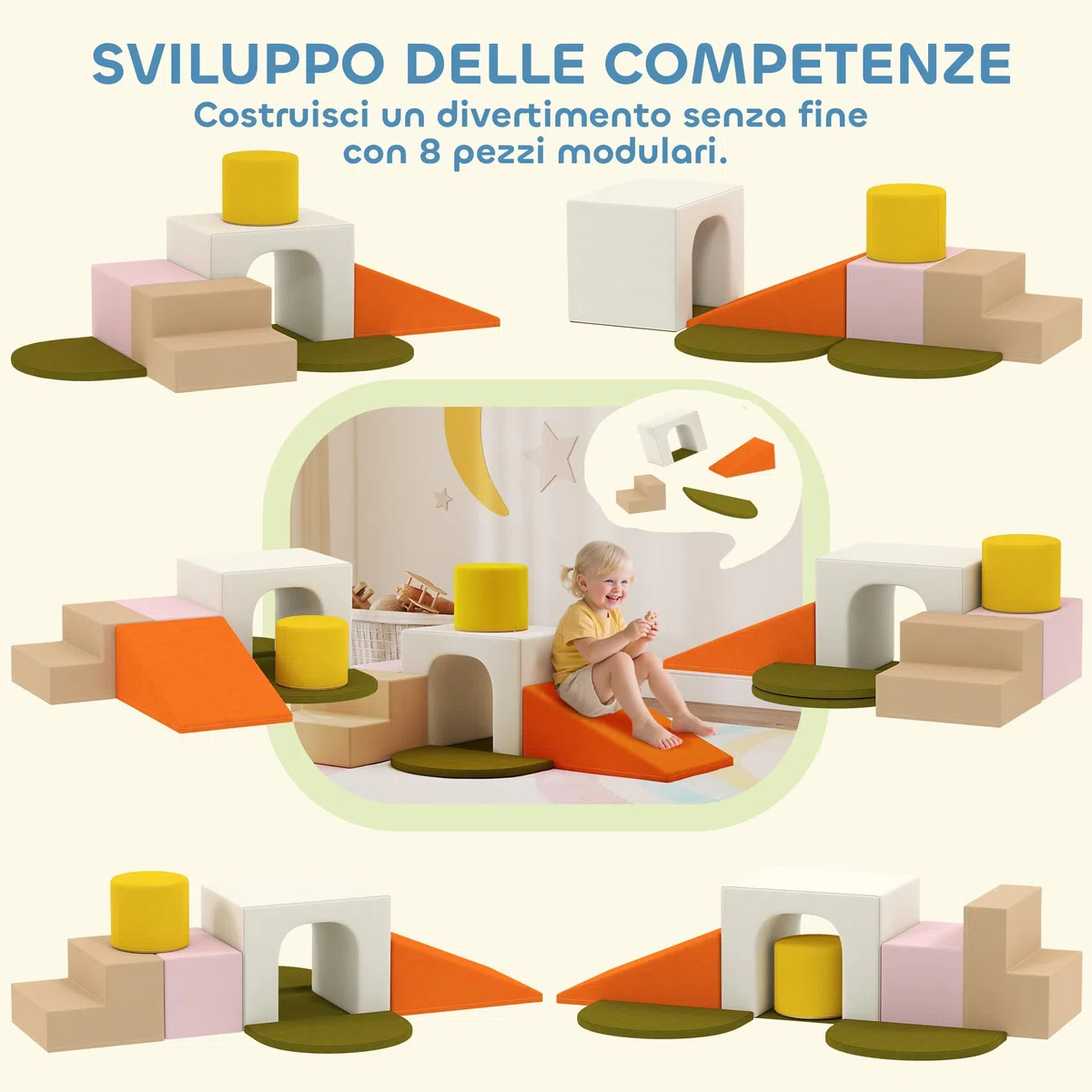 AIYAPLAY Set 8 Costruzioni Morbide per Bambini 0-3 Anni in Velluto e Schiuma PU Arancione