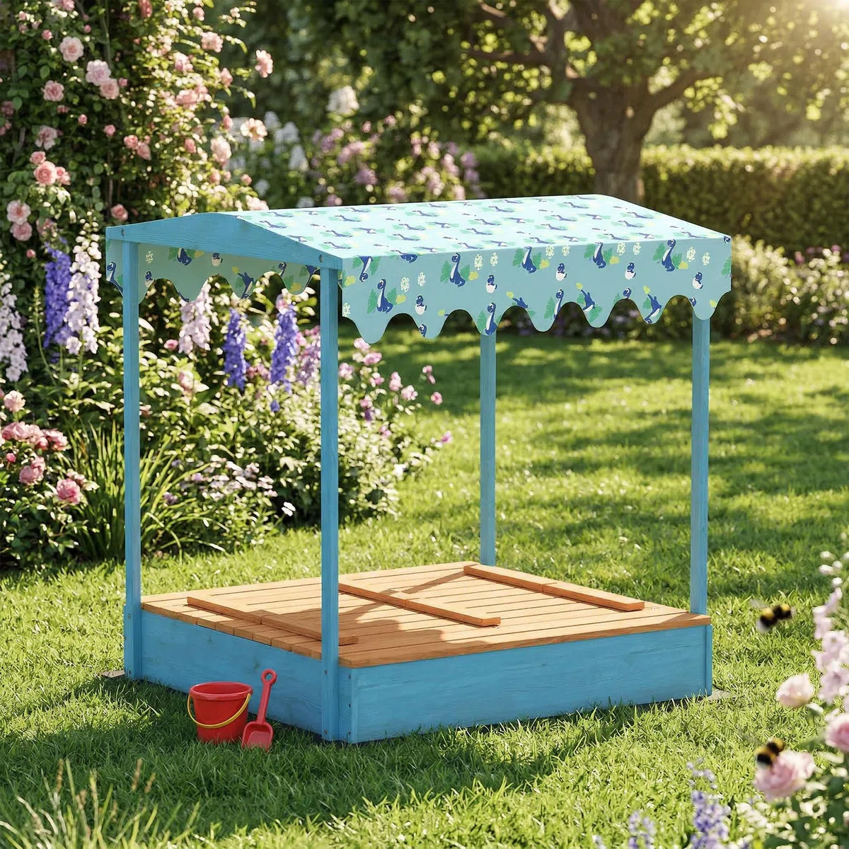 AIYAPLAY Sabbiera per Bambini 3-6 Anni con Tettuccio Dinosauri, Sedute Pieghevoli, Coperchio e Fodera Inclusa, Sabbionaia per Bambini in Legno di Abete, 134.5x127.5x130 cm, Blu