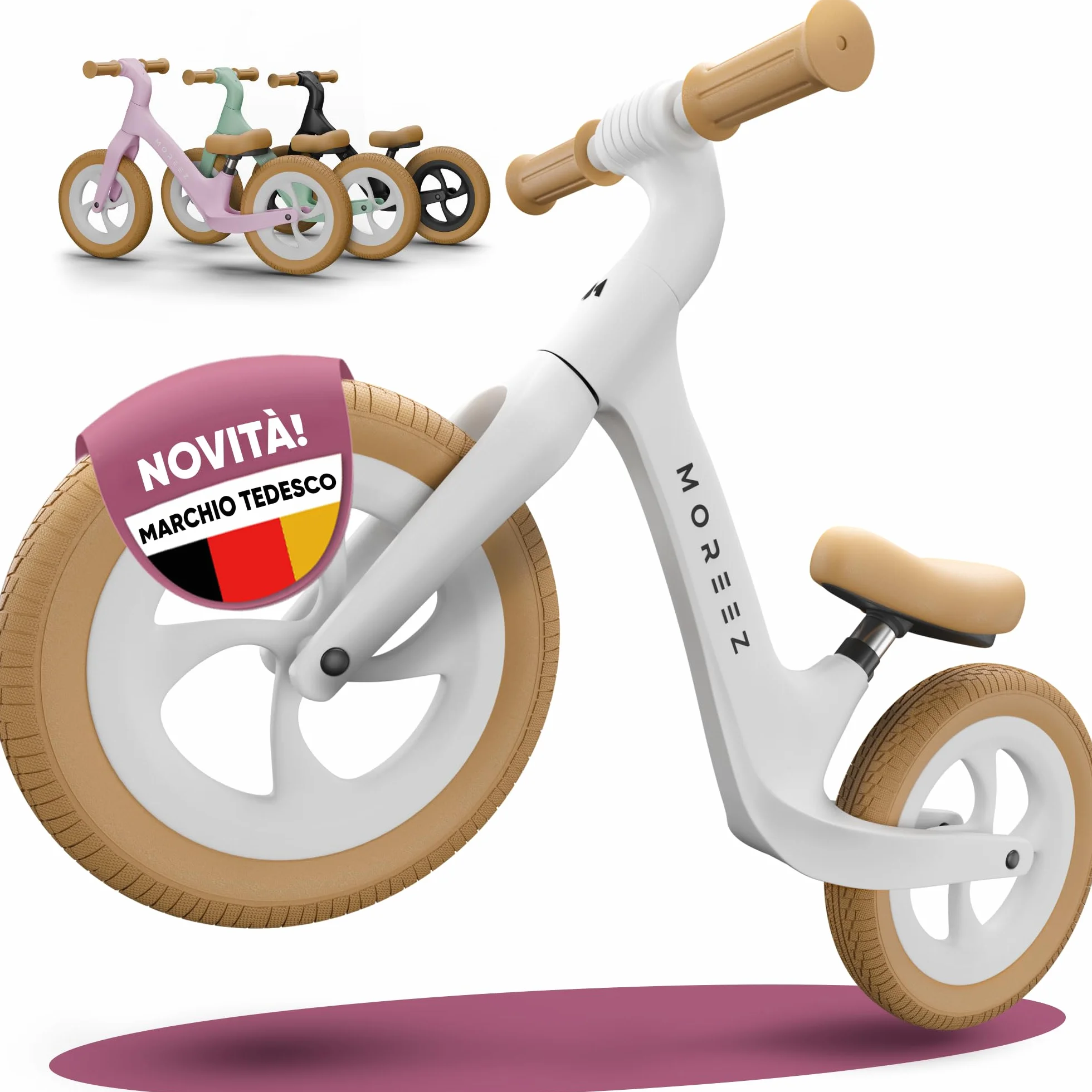 MOREEZ Bicicletta da 2 anni [2-5 anni] ultraleggera per bambini con protezione anticaduta, seduta ergonomica, ruote da 50 kg, poggiapiedi antiscivolo, altezza regolabile