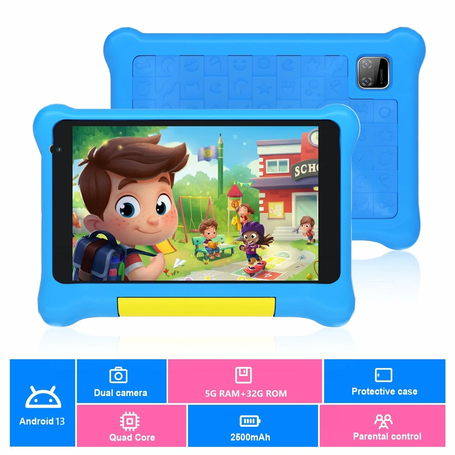 Yicty Tablet Bambini 7 Pollici Andriod 13 Tablet per Bambini Quad Core 5 GB RAM 32 GB ROM 128 GB Estensione Controllo Parentale Tablets Educativo con Custodia Antiurto (Blu)