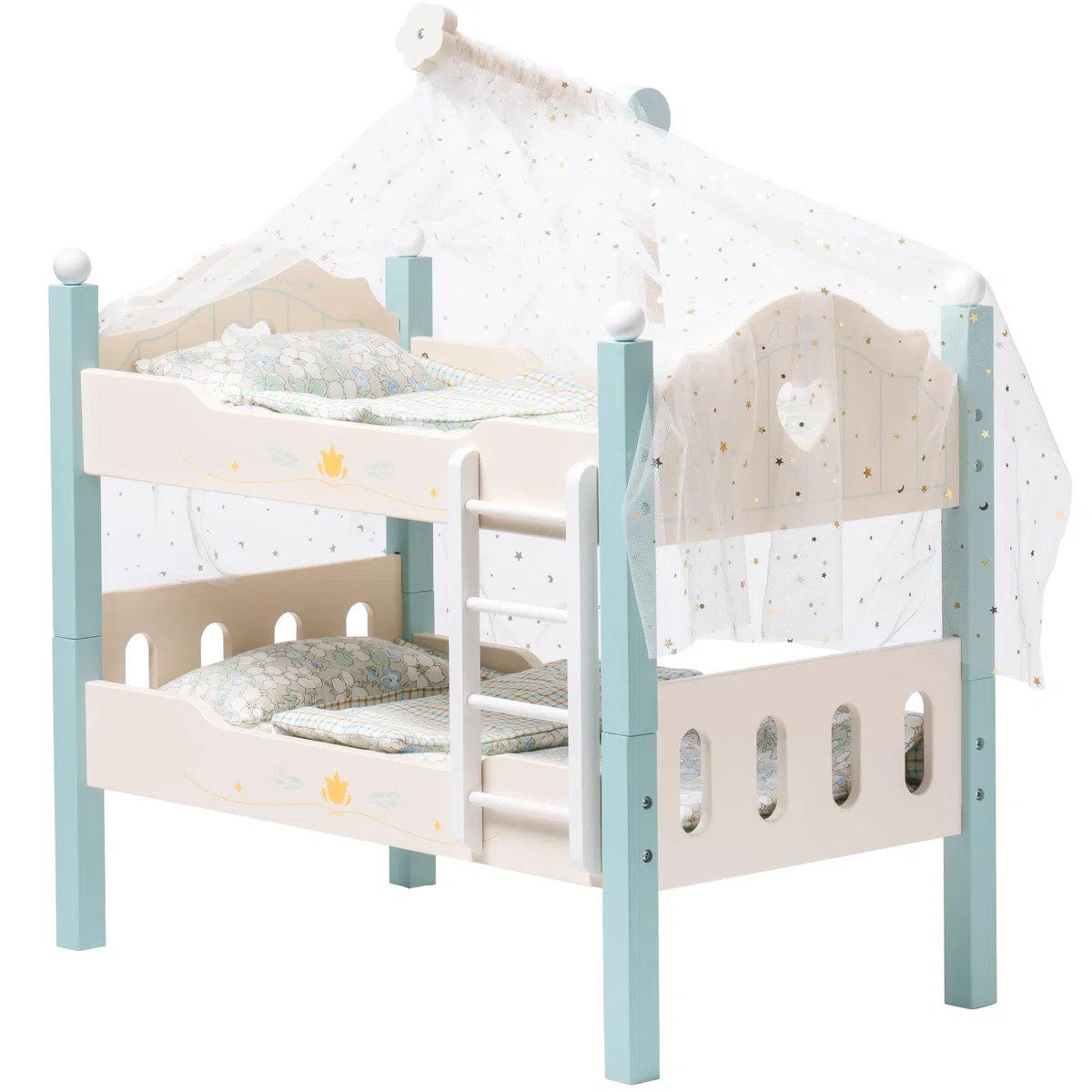 ROBOTIME Letto a castello per bambole in legno da 18", lettino per bambole trasformabile con scaletta e biancheria da letto, culla per bambole impilabile, regalo perfetto per bambini, blu