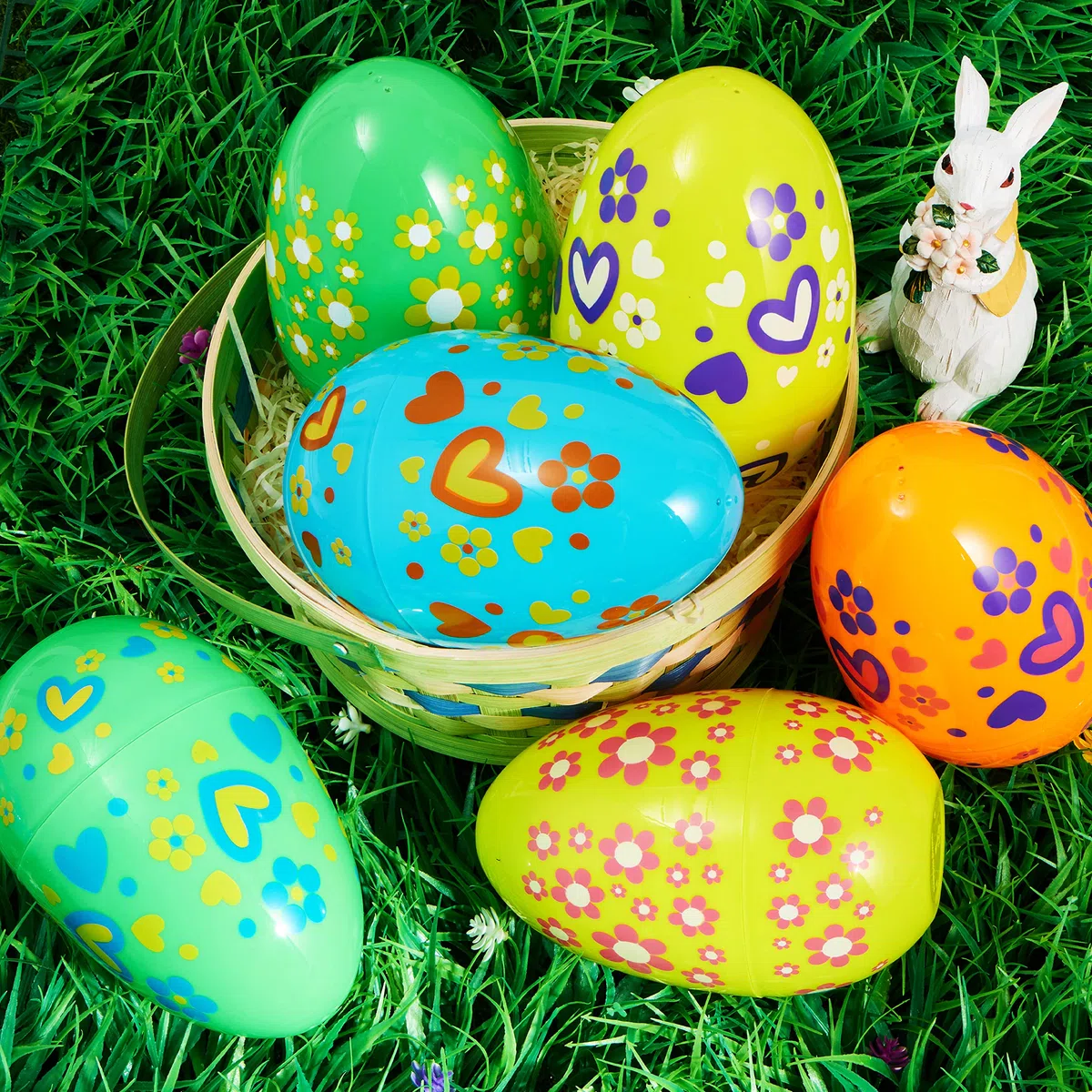 JOYIN 12 uova di Pasqua Jumbo da 17,8 cm, in plastica brillante, tinta unita, 6 colori assortiti, stampate uova vuote per riempire dolcetti, bomboniere, caccia, cestini, riempitivi, premi in classe