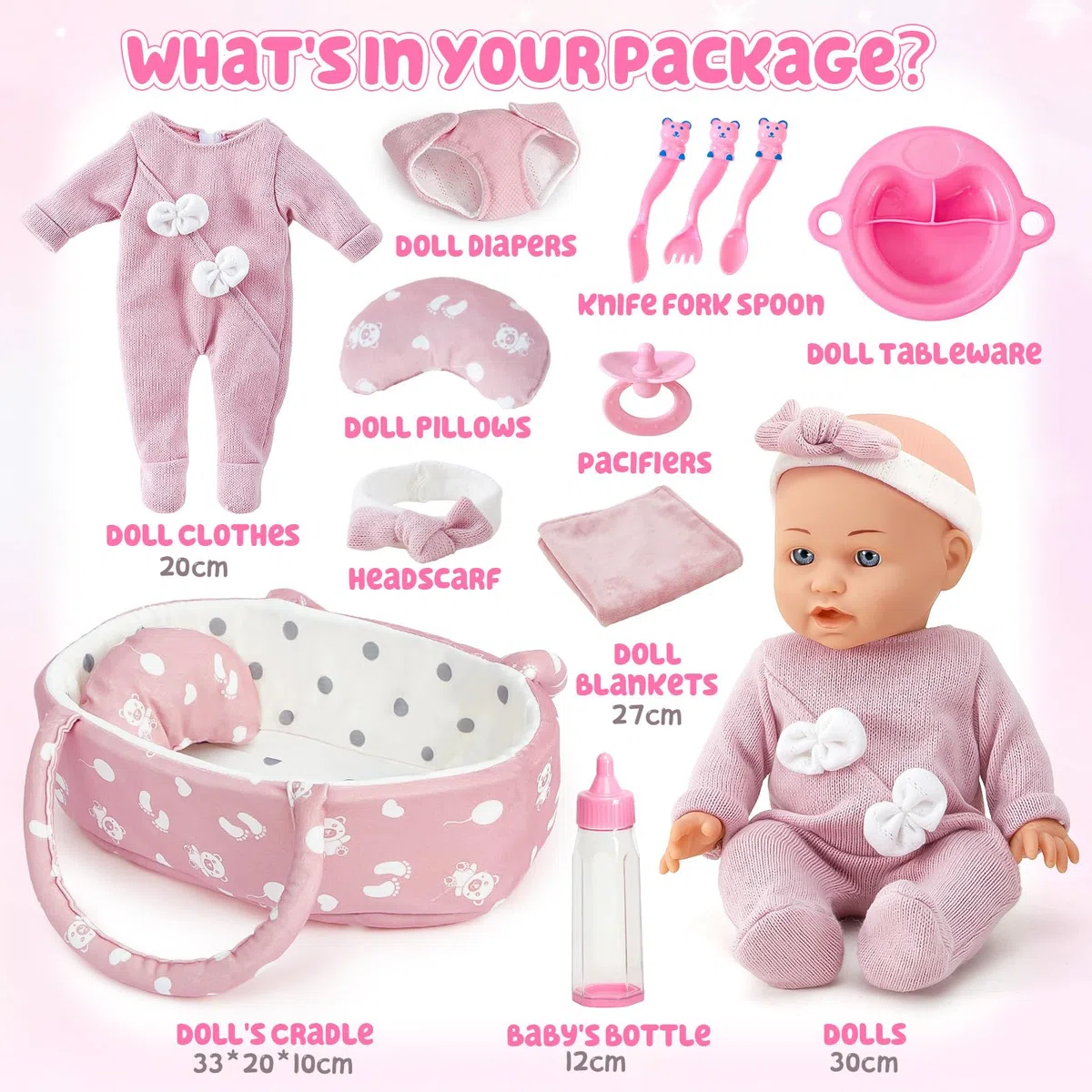 vamei Accessori per Bambola Reborn Femmina, Letto Portatile per Bambole con Vestiti per Bambole & Pannolini per Bambola Bambina & Borsa Fasciatoio & Biberon & Ciuccio, Regalo per Bambina 2 3 4 5 anni