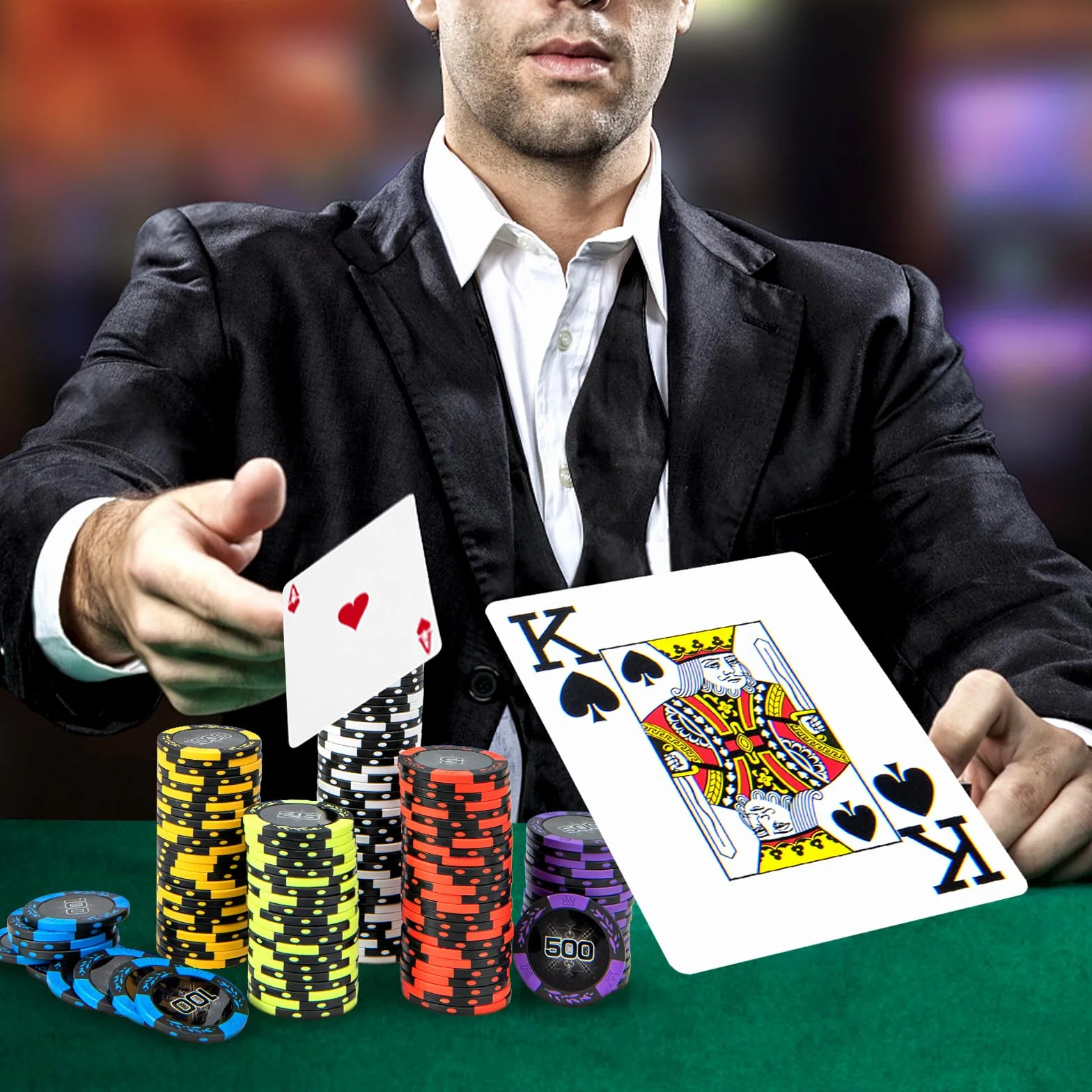COSTWAY Poker Chips, Set di Fiches da Poker con 500/300 Chips e Custodia in Alluminio, Mazzo di Carte 5 Dadi, Set di Fiches per Party Viaggi e Feste (500 chips)
