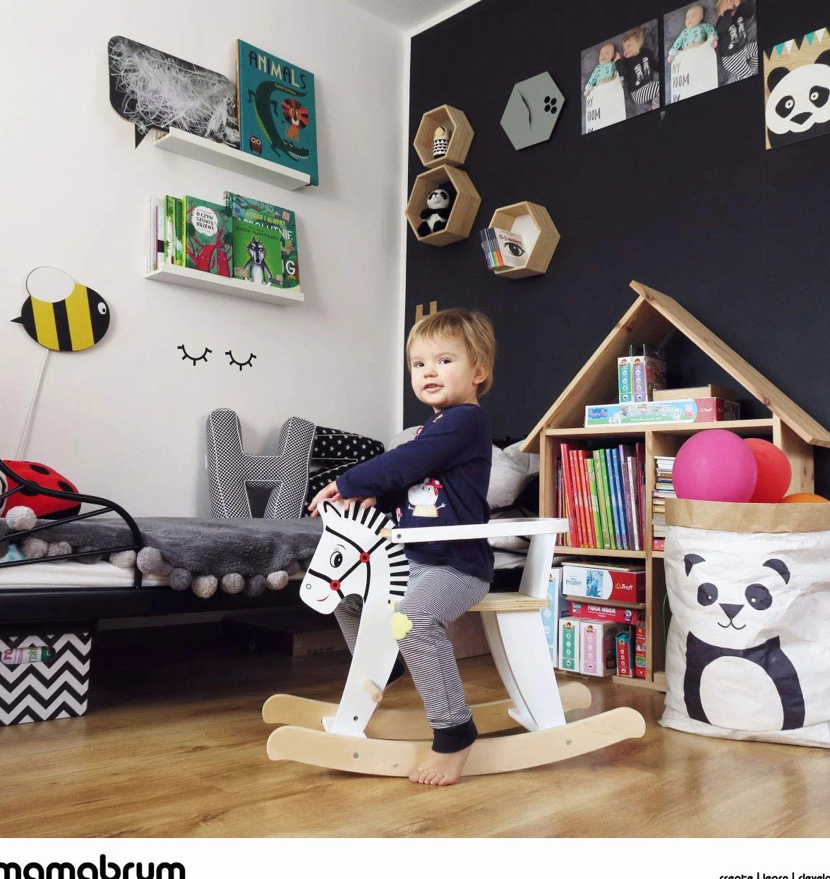 Cavallo a dondolo in legno mamabrum con barriere di sicurezza rimovibili - Giocattolo tradizionale per bambini dai 12 mesi - Alternativa sicura ed ecologica ai giochi da giardino