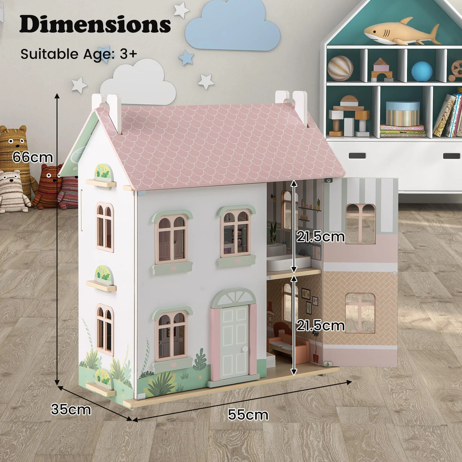 HOMASIS Casa delle Bambole per Bambini a 3 Piani, Casa da Sogno per Bambole in Legno con Mobili, Accessori, Tetti a Doppia Faccia, Villa delle Bambole di 3+ Anni, 55 x 33,5 x 66 cm, Rosa