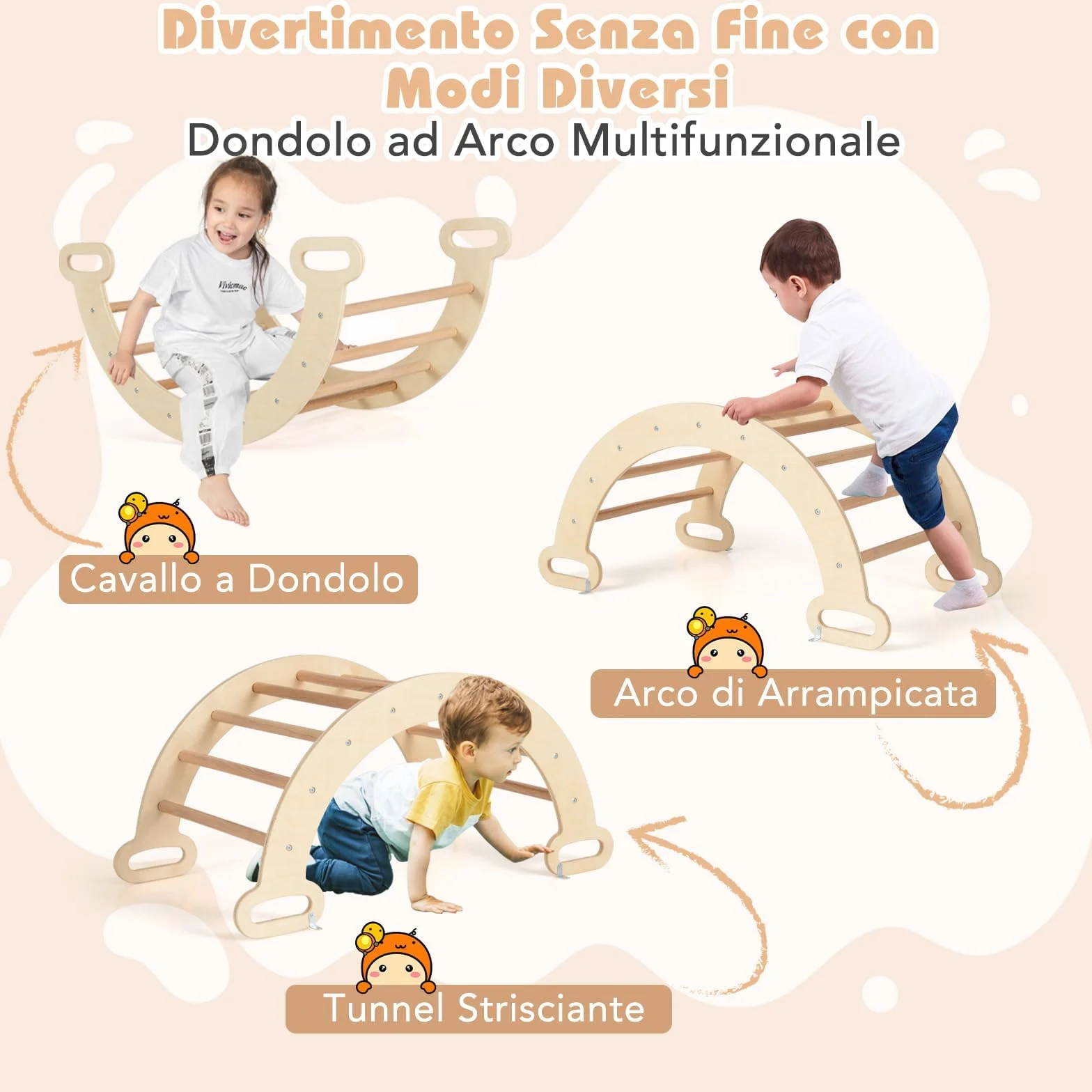 COSTWAY 4 in 1 Set da Arrampicata per Bambini, Giocattoli da Arrampicata a Triangolo con Triangolo Arco e Salita, Ideale per Bambini 1 Anni + (Naturale)
