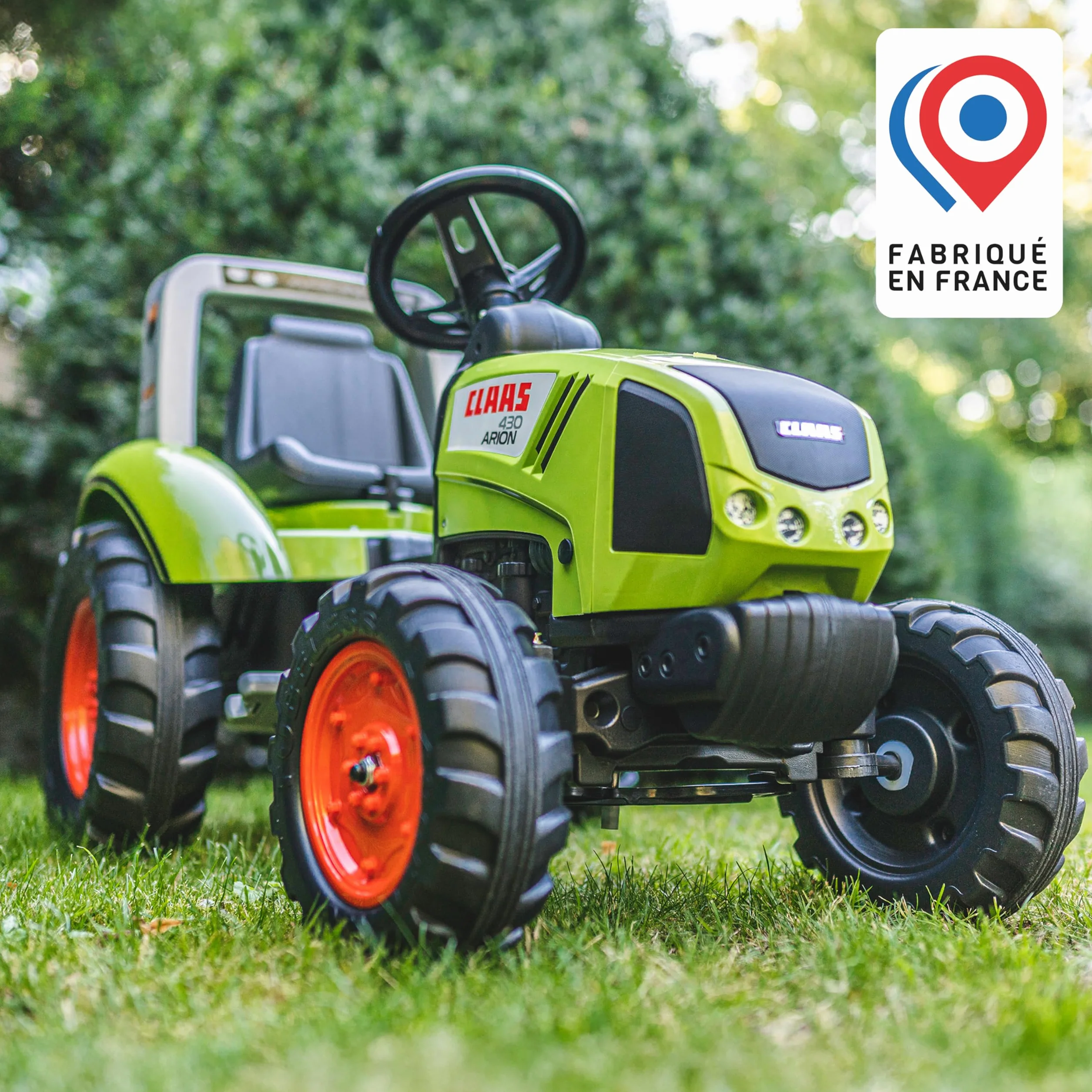 Falk 1040AB - Trattore a Pedali Claas con rimorchio, a Partire da 3 Anni, Prodotto in Francia, Volante direzionale con clacson, Sedile Regolabile