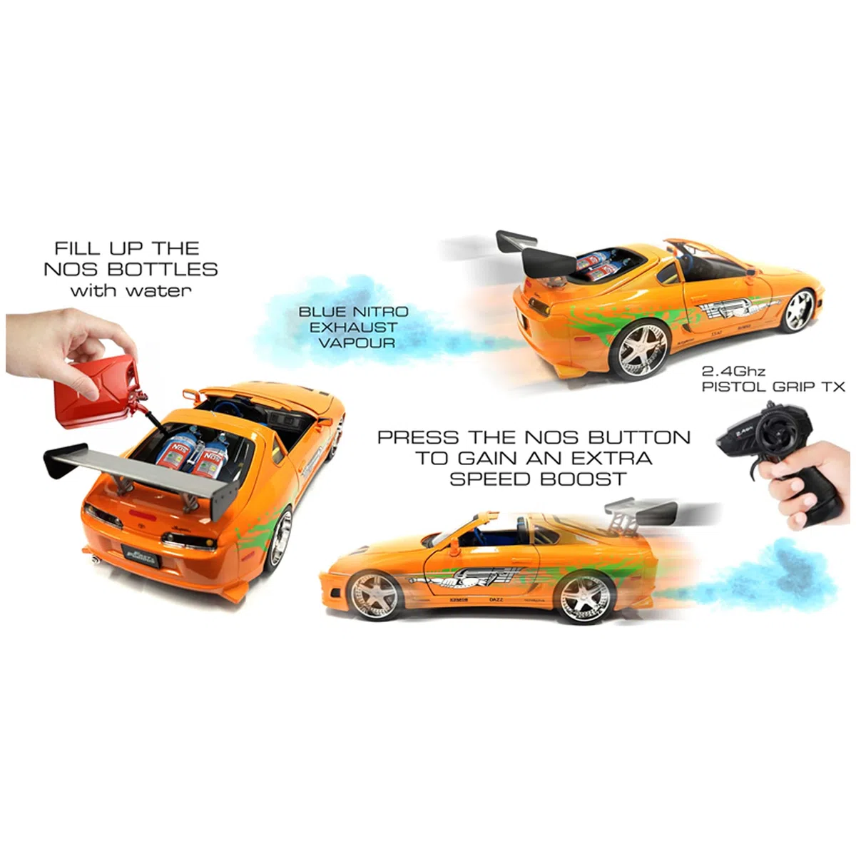 Jada Toys - Fast & Furious, Toyota Supra RC 1995 in scala 1:24, radiocomando 2,4 GHz a 2 canali, funzione Turbo ed effetto vapore – Auto telecomandata ufficiale Fast & Furious