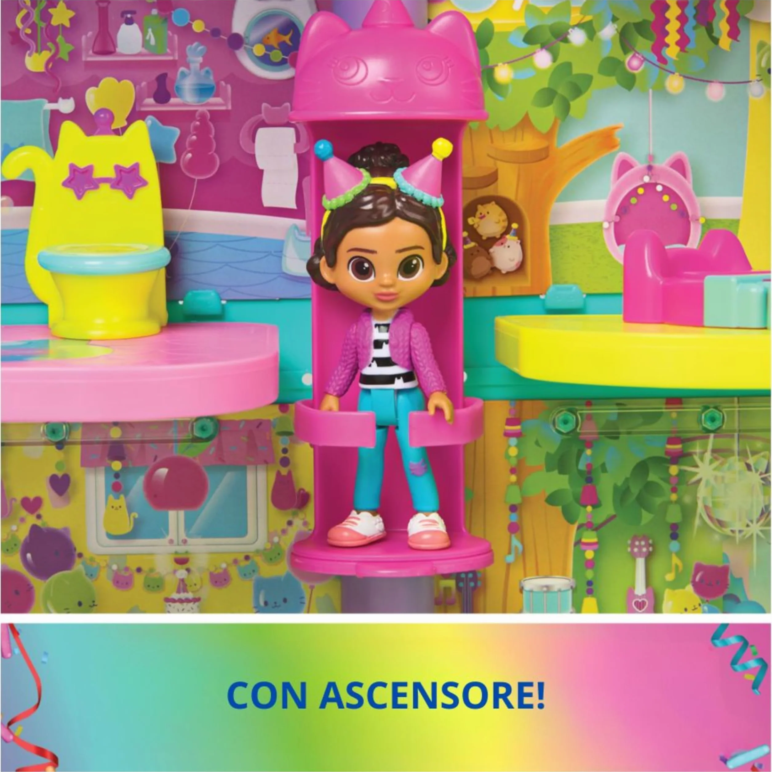Gabby's Dollhouse, la Casa delle Bambole di Gabby a Tema Festa, 15 Pezzi a Tema Arcobaleno, Personaggi e Mobili per la Casa delle Bambole con Effetti Sonori, Alta 60 cm, 3+ Anni