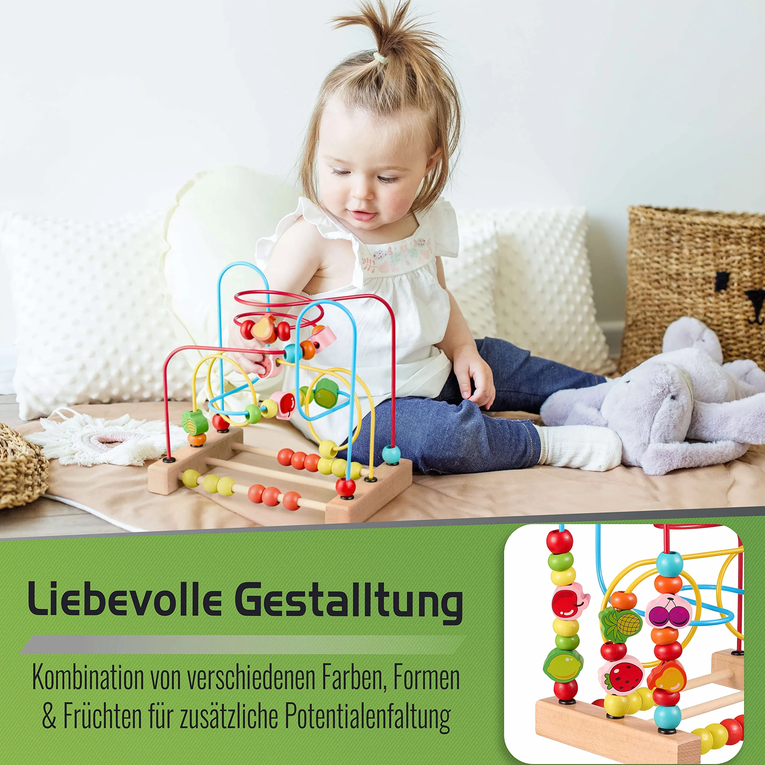 BALINCO MOTORIC Slide, Labirinto di Perline Giocattolo in Legno con Elementi e cursore di Perline. Giocattolo per Bambini 6 Mesi