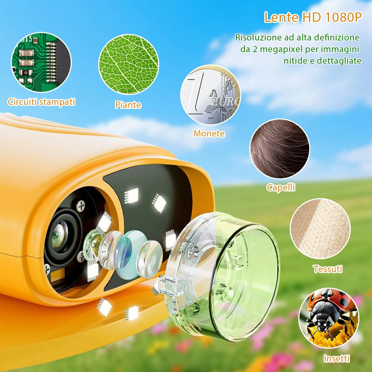 Microscopio digitale per bambini, ingrandimento 1000X con schermo IPS da 2,0", ricaricabile tramite USB e portatile, 8 luci LED, per uso esterno, arancione, regali per bambini dai TRE anni in su.