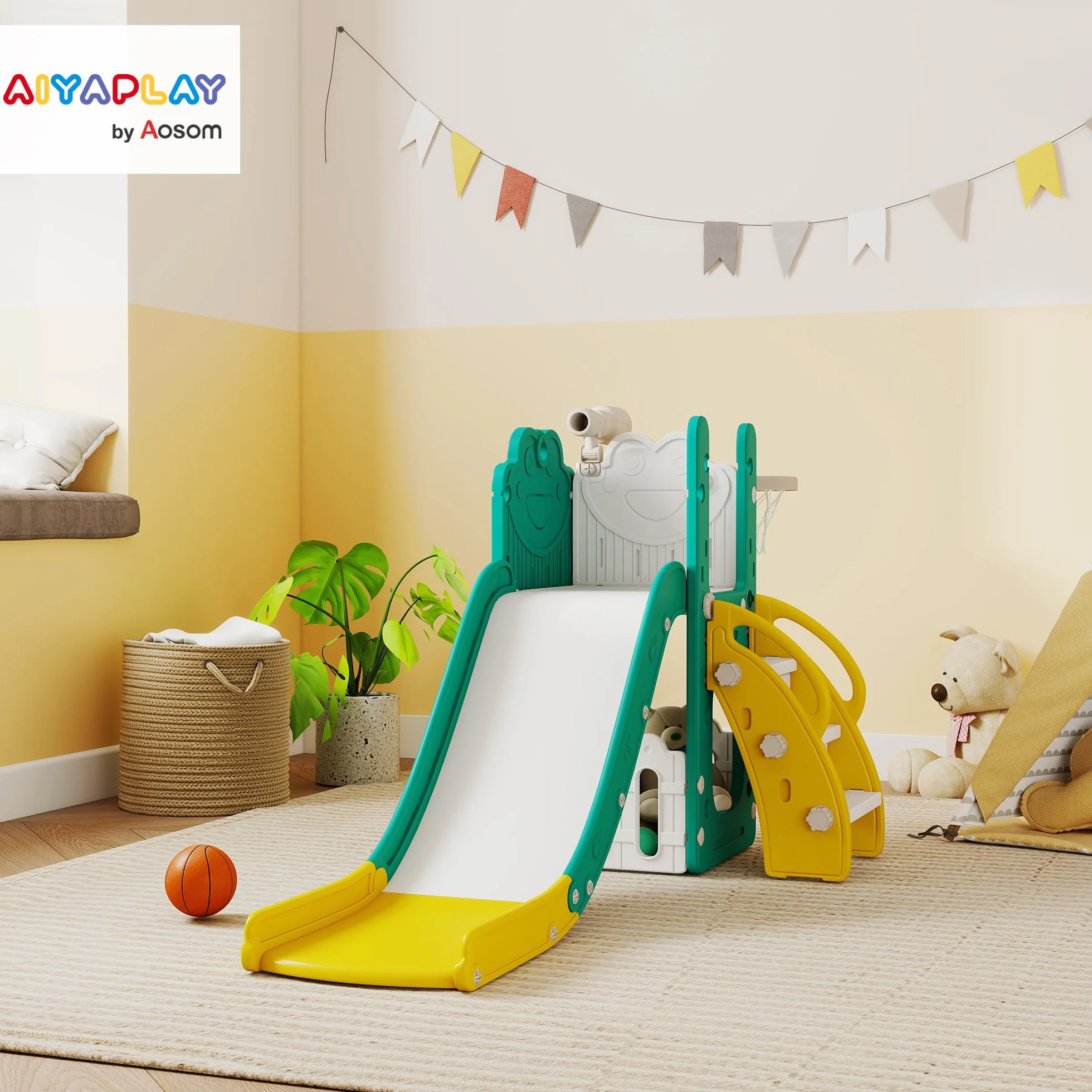 AIYAPLAY Set Scivolo per Bambini 5 in 1 con Canestro, Scaletta, Telescopio Giocattolo e Contenitori, Giochi per Bambini da Interno ed Esterno Età 1-3 Anni, Giallo
