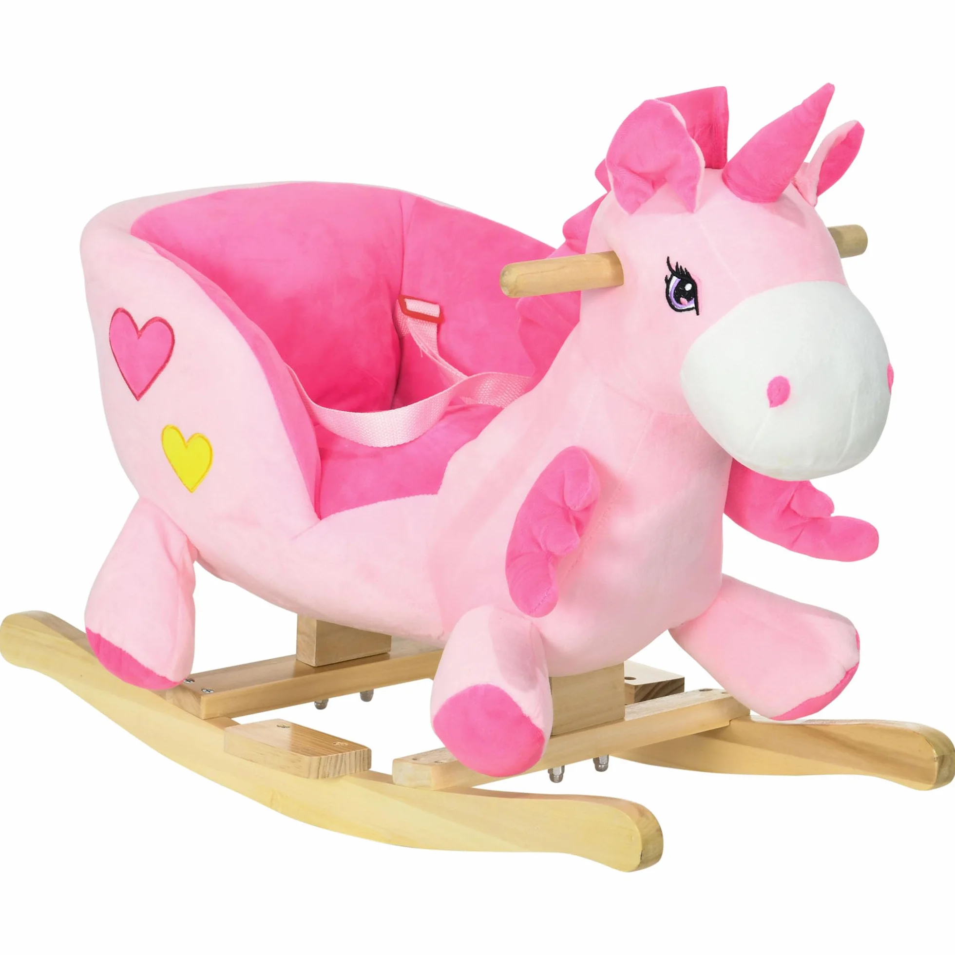 HOMCOM Cavallo a Dondolo con 32 Canzoni, Unicorno a Dondolo in Peluche con Base in Legno e Cintura di Sicurezza per Bambini da 18-36 Mesi, Rosa