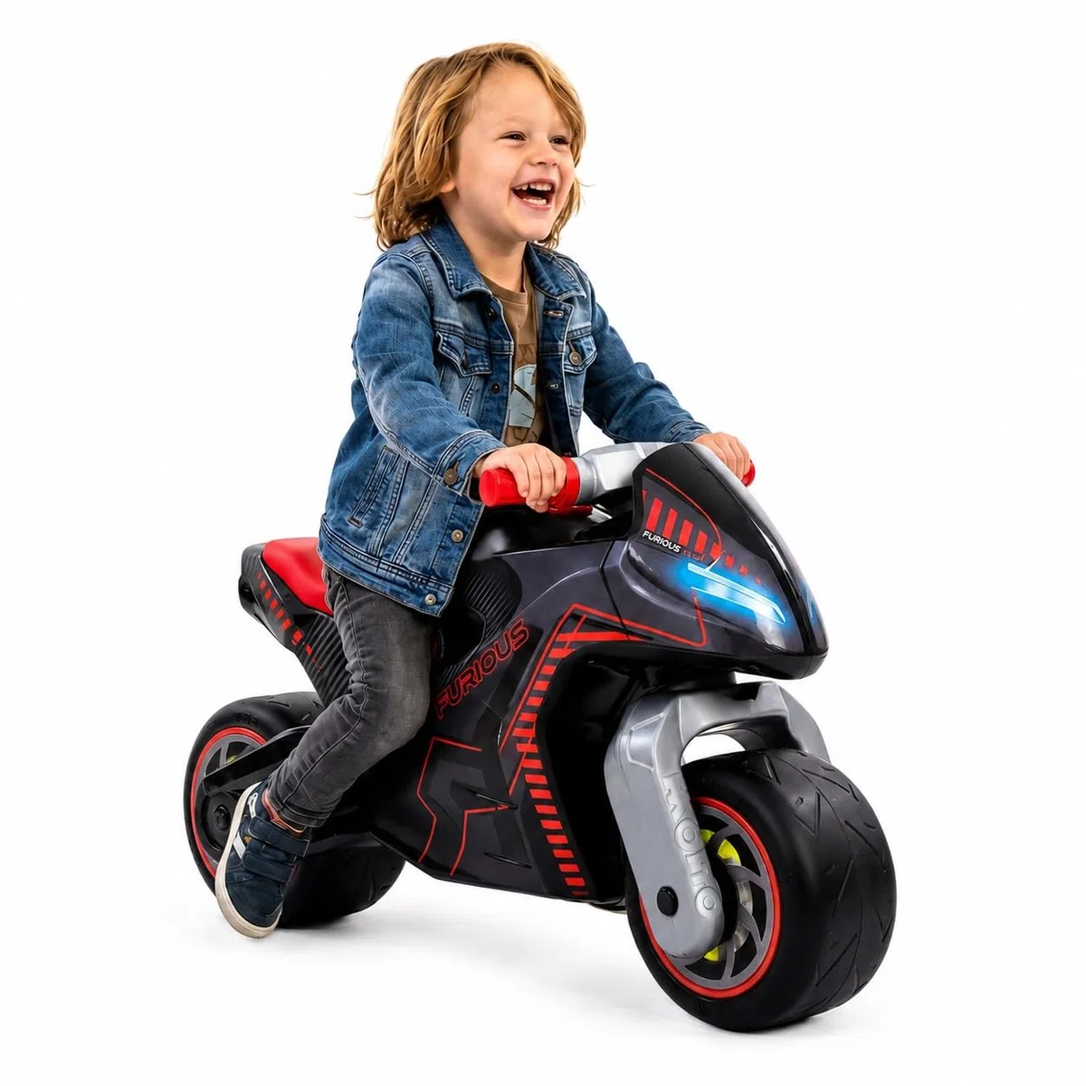 MOLTO Motocicletta cavalcabile bambini nera Furious design da corsa leggera stabile confortevole giocattolo sicuro interni esterni 18 mesi