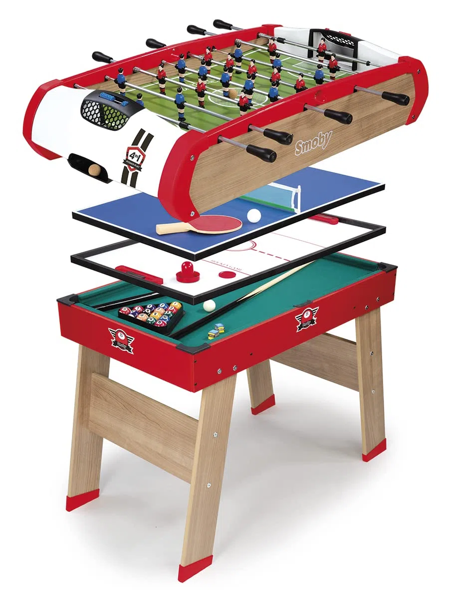 Smoby - Calcio Balilla Powerplay 4 in 1 - Ping Pong + Hockey e Biliardo - Struttura in legno - Accessori inclusi - Palline, Racchette da Ping Pong, Biliardi, Aste - Da 8 anni