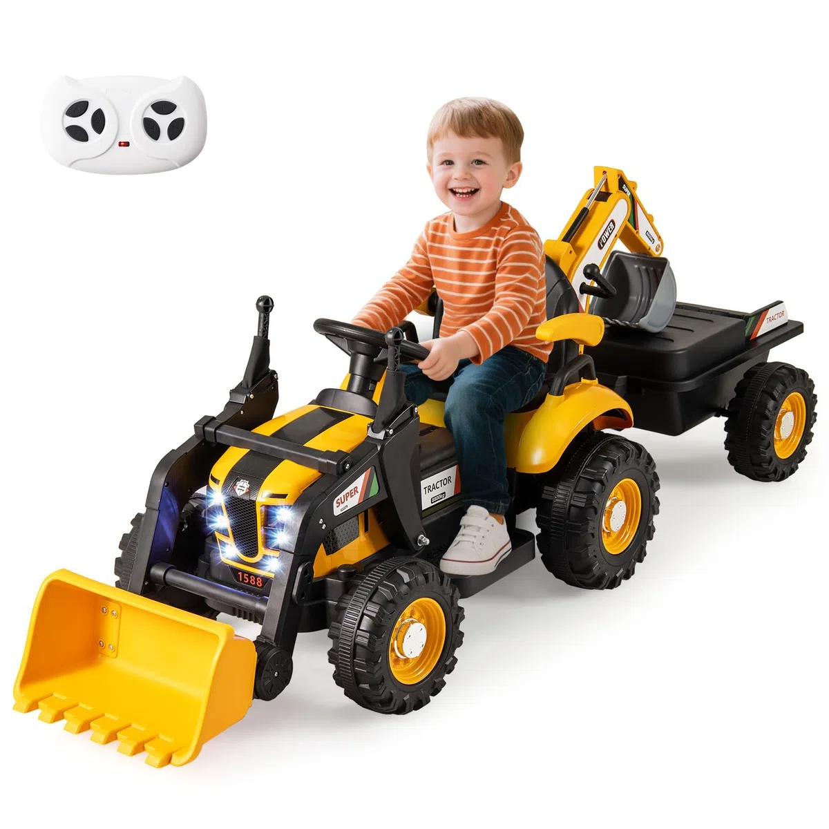 COSTWAY 4 in 1 Trattore Elettrico per Bambini 3-8 Anni con Telecomando, Rimorchio e Cucchiaia Staccabile, Doppi Motori Giallo