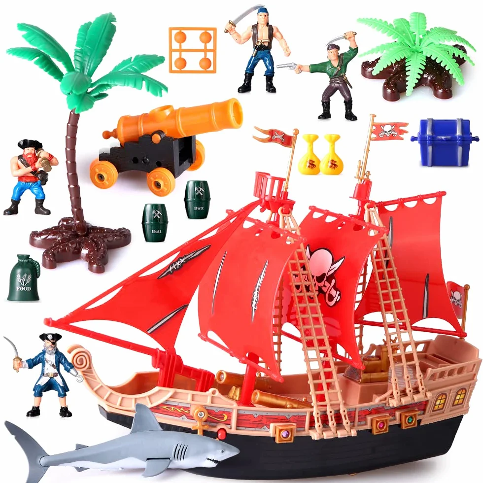 Bambini Pirate Ship Adventure Giocattoli Con Plastica Action Figures Pirate Vessel Playset con Squalo, Barca, Cannone, Alberi e Altri Accessori Regalo Educativo per Ragazzi Ragazze 3 4 5 6 7 8 Anni