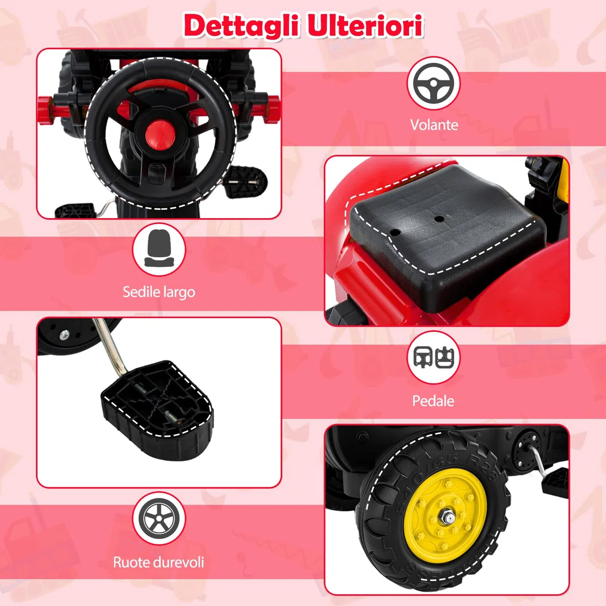 COSTWAY 3 in 1 Escavatore per Bambini, Trattore con Rimorchio Staccabile Cavalcabile, 6 Ruote, 2 Benne, Rosso