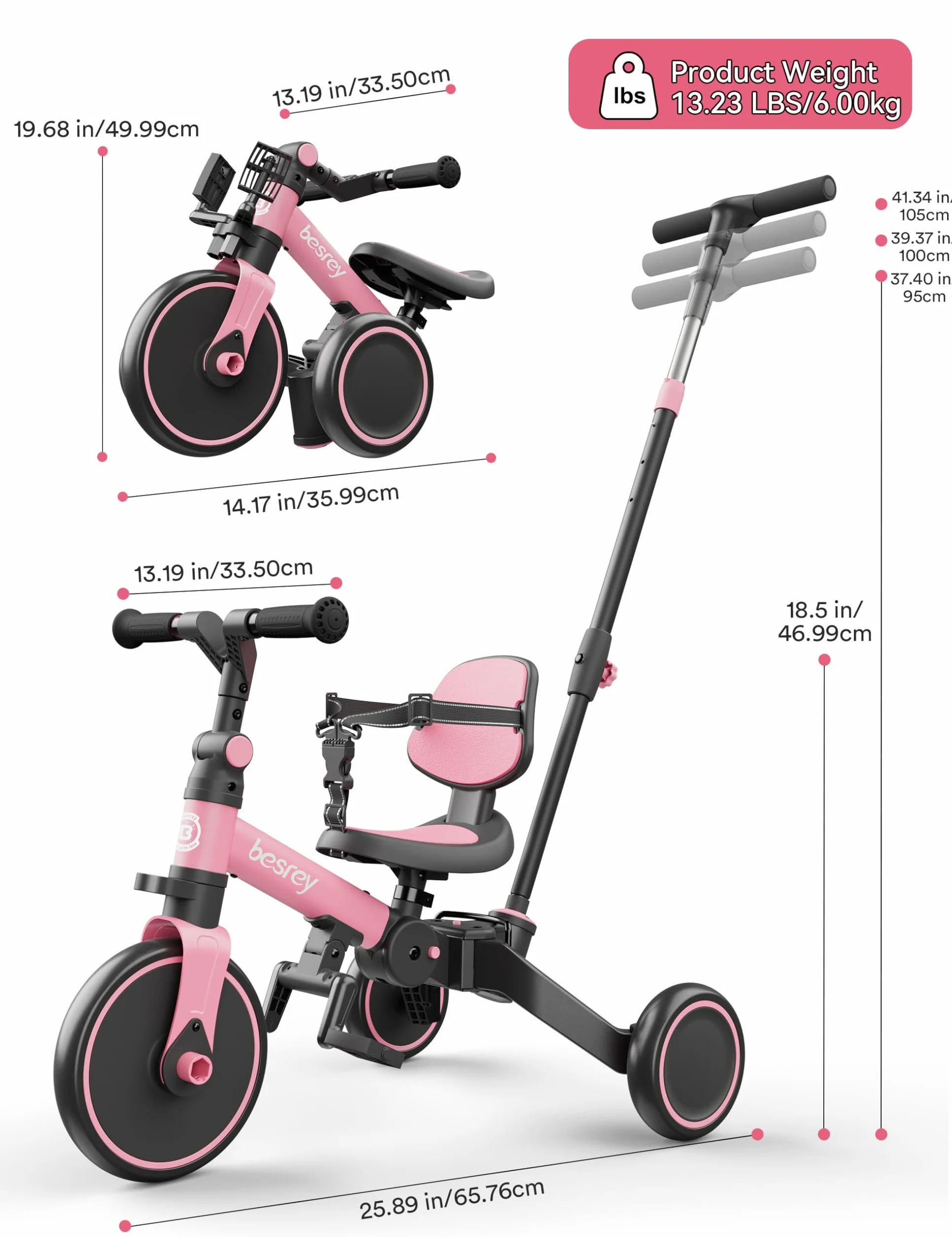 besrey Triciclo per Bambini 4 in 1, Bici senza Pedali per bambine e bambini da 1 a 3 anni, Triciclo con Maniglia di Spinta, Schienale e Cintura di Sicurezza, Rosa