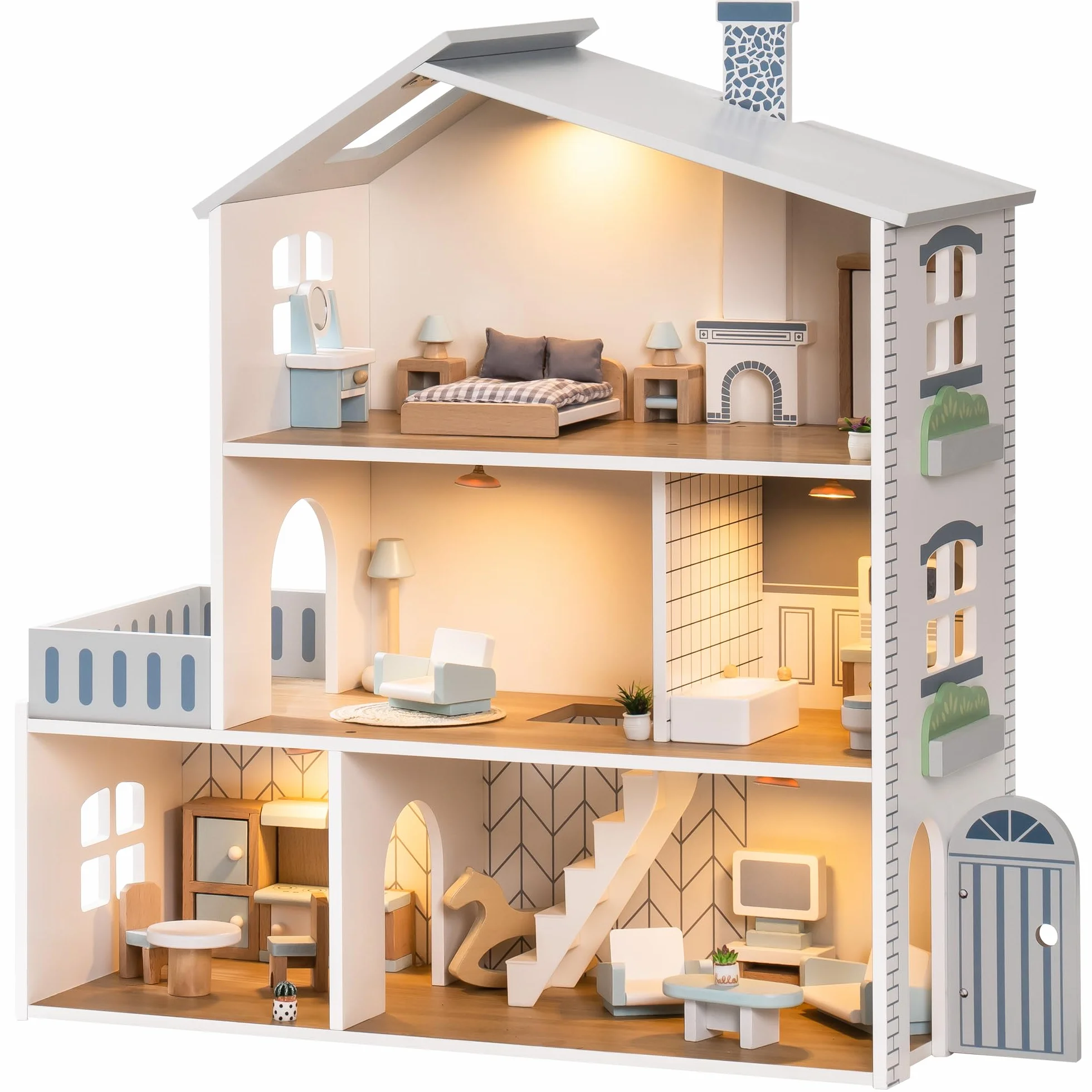 ROBUD Casa delle bambole in legno luci,3 piani, inclusi mobili e scale, giocattoli per bambini dai 3 anni in su
