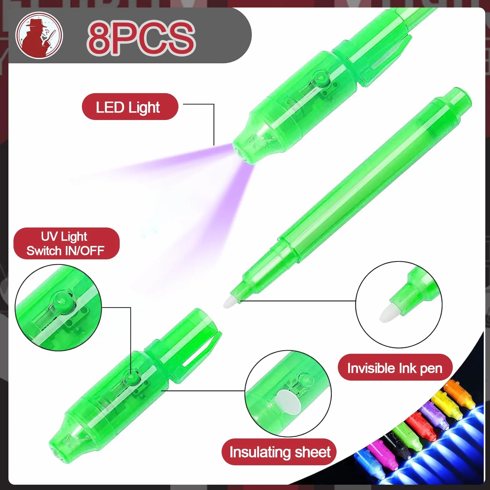 48 Pezzi Bambini Giocattolo Detective, Kit Spionaggio Gioco Detective per Bambini， con penna UV, taccuino, lente d'ingrandimento giocattolo, carte d'identità con clip, tampone per impronte digitali