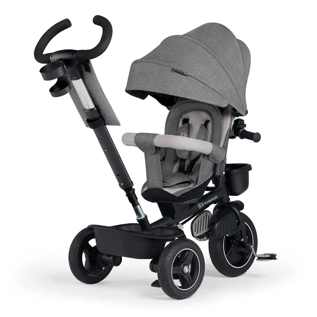 Kinderkraft SPINSTEP Triciclo bambini dai 9 Mesi con Maniglione, Cappottina impermeabile con filtro UPF50+, Pieghevole, Seduta girevole a 360 gradi, Grigio