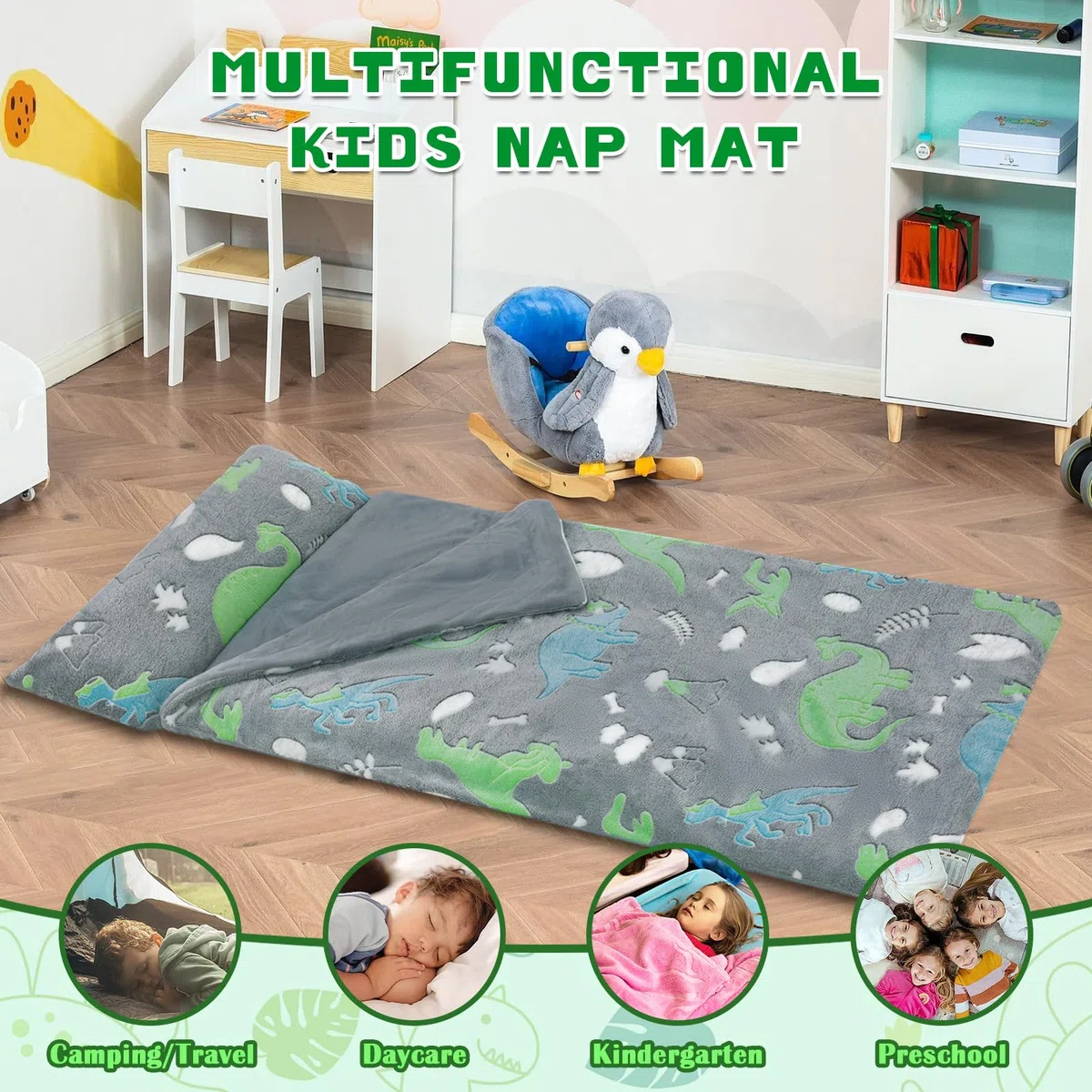Decalsweet Nap Mat per Bambini Luminoso con Rimovibile Cuscino, Grande Sacco a Pelo Pieghevole per Ragazze Ragazzi, Nap Mats con Doppia Cerniera per Campeggio, Scuola Materna e Asilo, 170×75cm