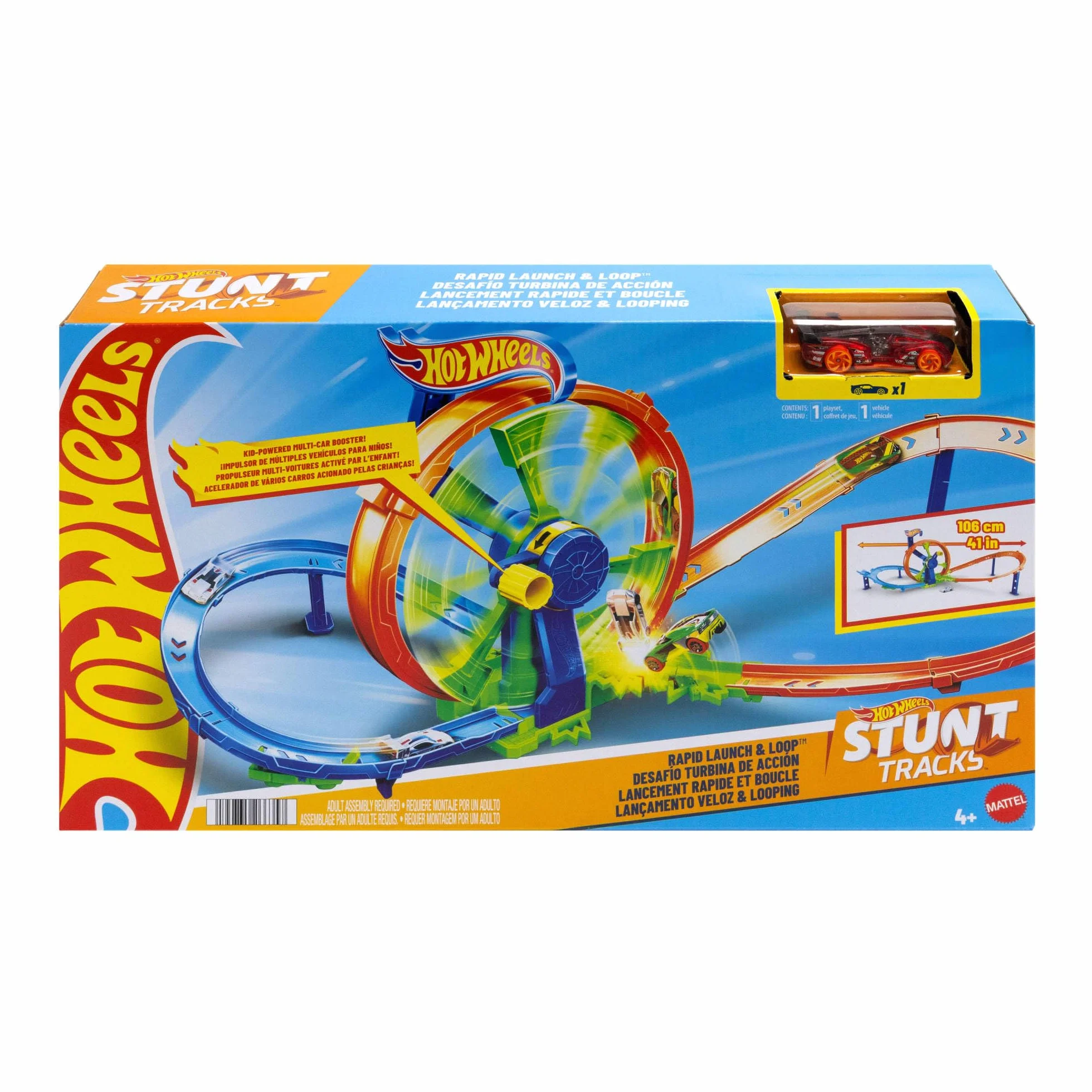 Hot Wheels - Pista Loop Rotante, playset con zona scontro su pista a forma di 8 e loop a propulsione, include una macchinina in scala 1:64, giocattolo per bambini, 3+ anni, JBX65